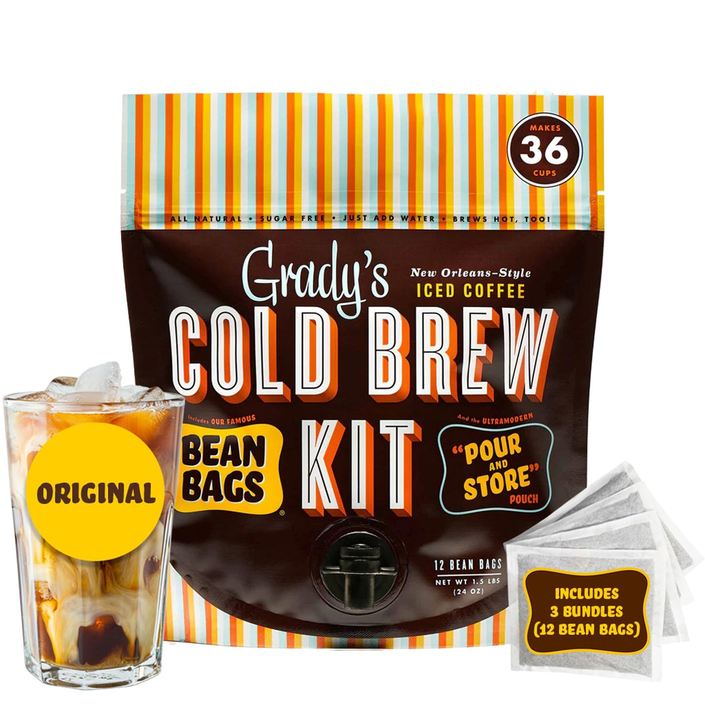 GRADY’S COLD BREW, New Orleans Style, 100% Arabica Ground Coffee & Chicory Pouches, All-in-One Cold Brew Kit with 12 Easy-to-Brew Beans Bags, Makes 36