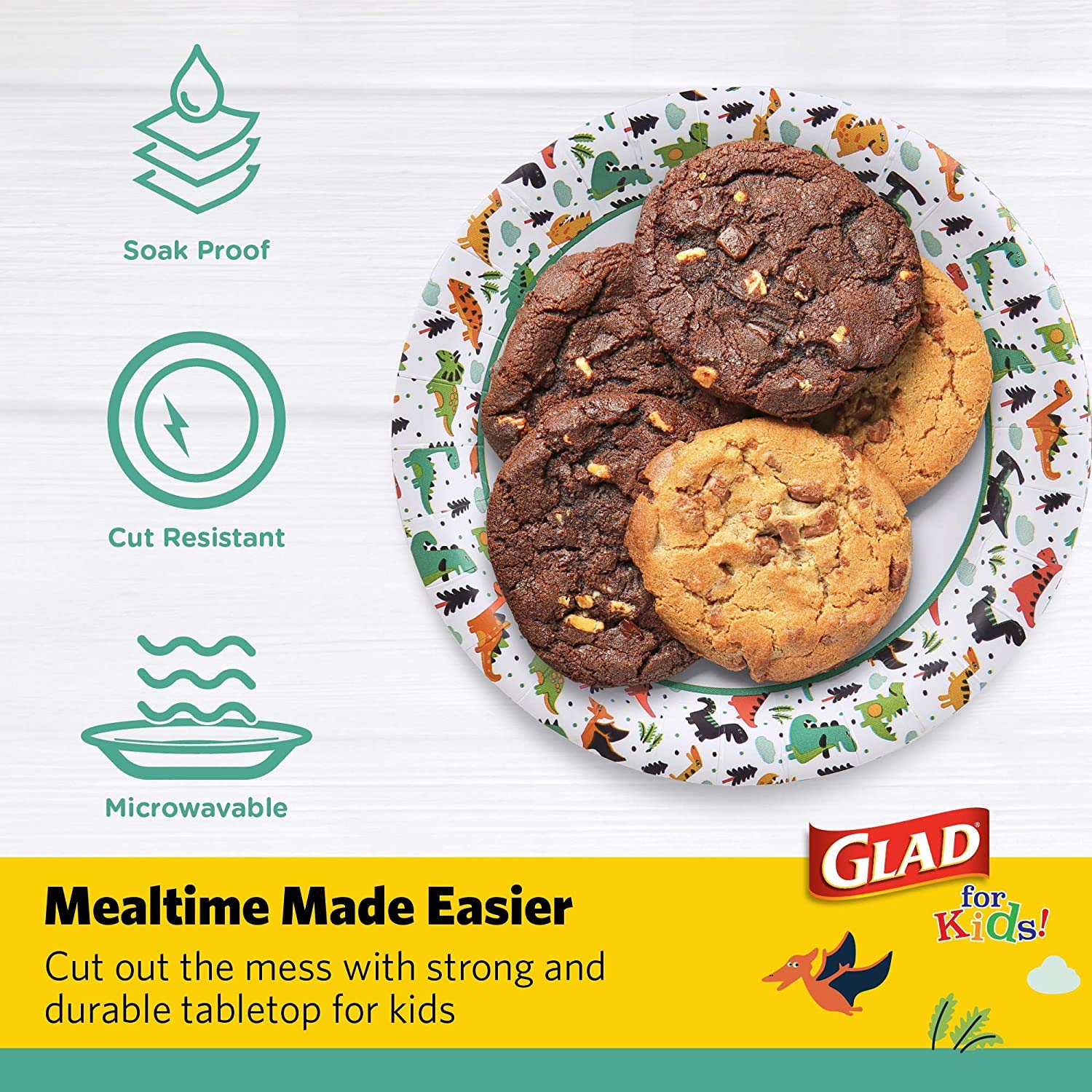 Glad for Kids Dinosaur Disposable Paper Plates, Heavy Duty Soak Proof Microwave Safe Kids Plates for Snacks, Meals, and Parties, Fun Dino Design