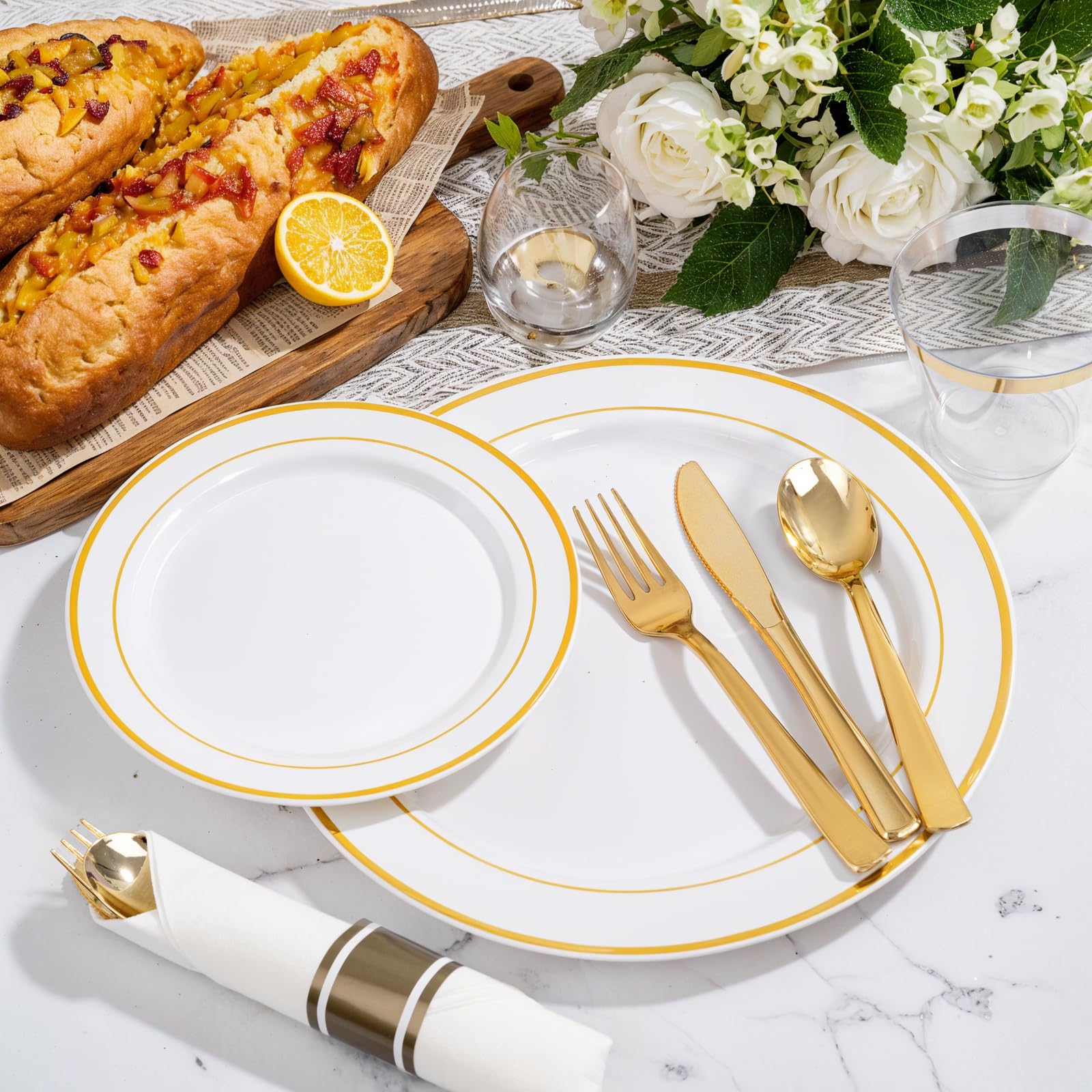 WELLIFE 350Pcs Gold Plastic Plates for 50 Guests - Plastic Dinnerware Set, Includes 100 Party Plates,150 Gold Silverware Disposable,50 Napkins,50