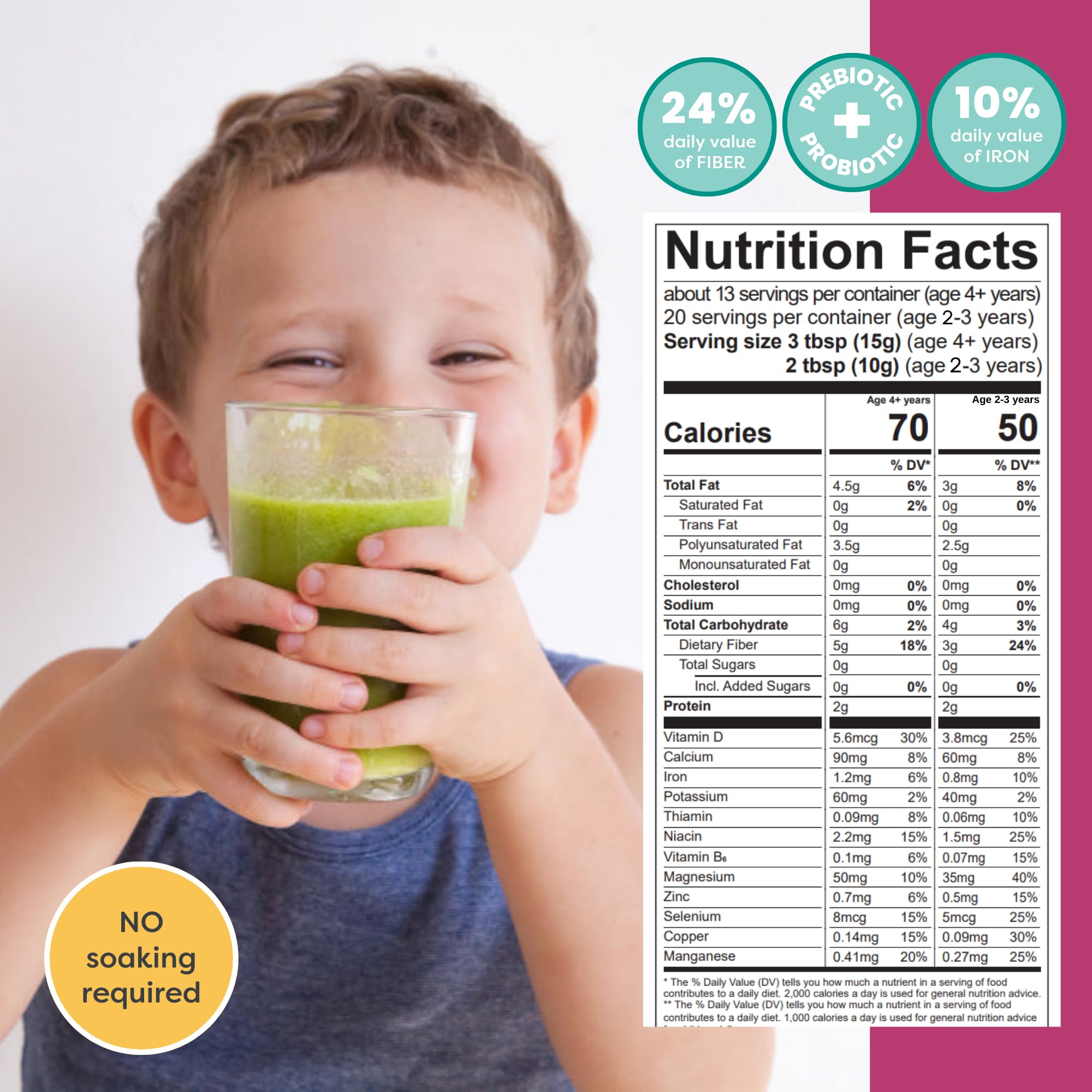 Tiny Sprouts Organic Milled Chia Seeds + Full Serving Probiotic with Vitamin D3 - Kids Superfood Nutrition Booster I Plant-Based Omega-3, Prebiotic