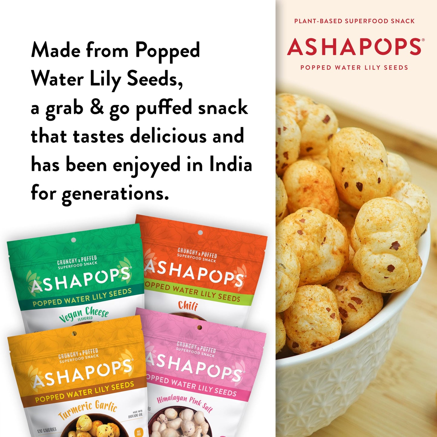 AshaPops Variety Pack Popped Water Lily Seeds - Gluten Free | Vegan | Paleo | Kosher OU| Soy Free | 1 oz | (Pack of 4 Bags)