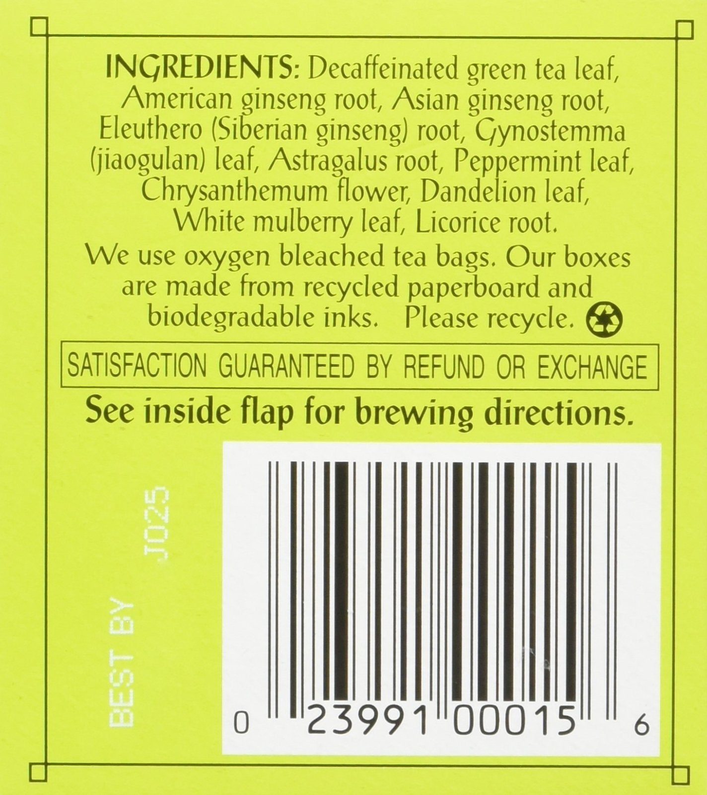 Triple Leaf Tea, Decaf Green Tea with Ginseng, 20 Tea Bags (Pack of 6)