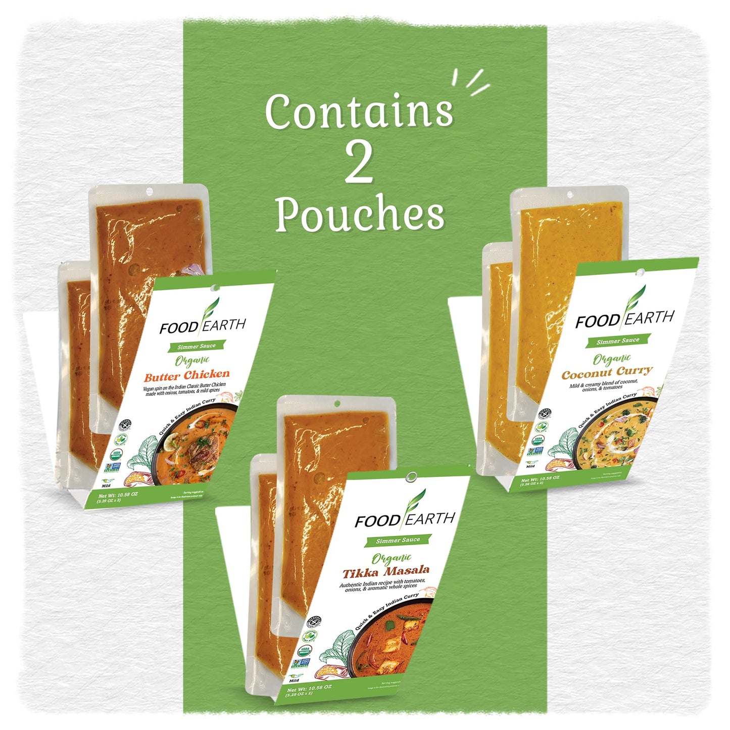 Food Earth Indian Simmer Sauces - Butter Chicken, Coconut Curry & Tikka Masala - Organic, Vegan, Gluten-Free Cooking Sauces (6 Pouches x 5.29 oz)