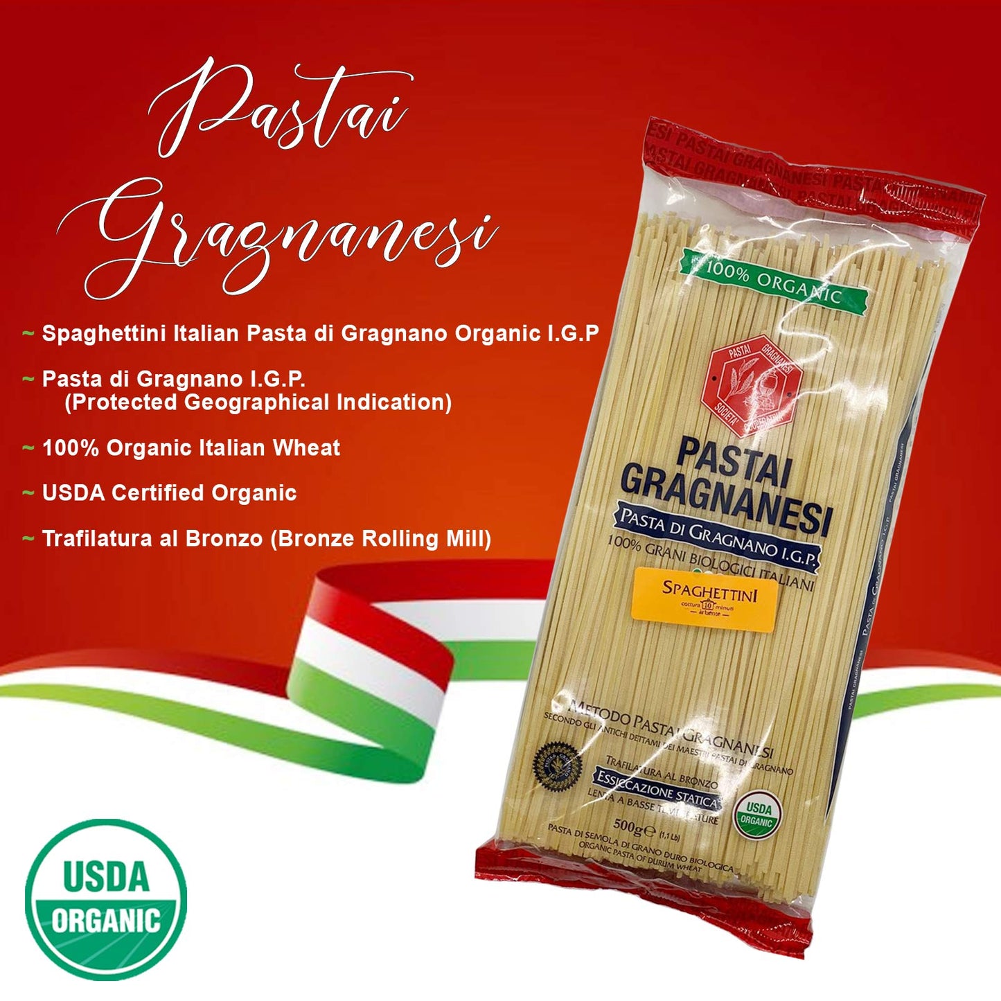 Spaghettini Organic Italian Pasta di Gragnano I.G.P. | Pastai Gragnanesi | USDA Certified Organic| 17.6oz (500g) | Pack of 5