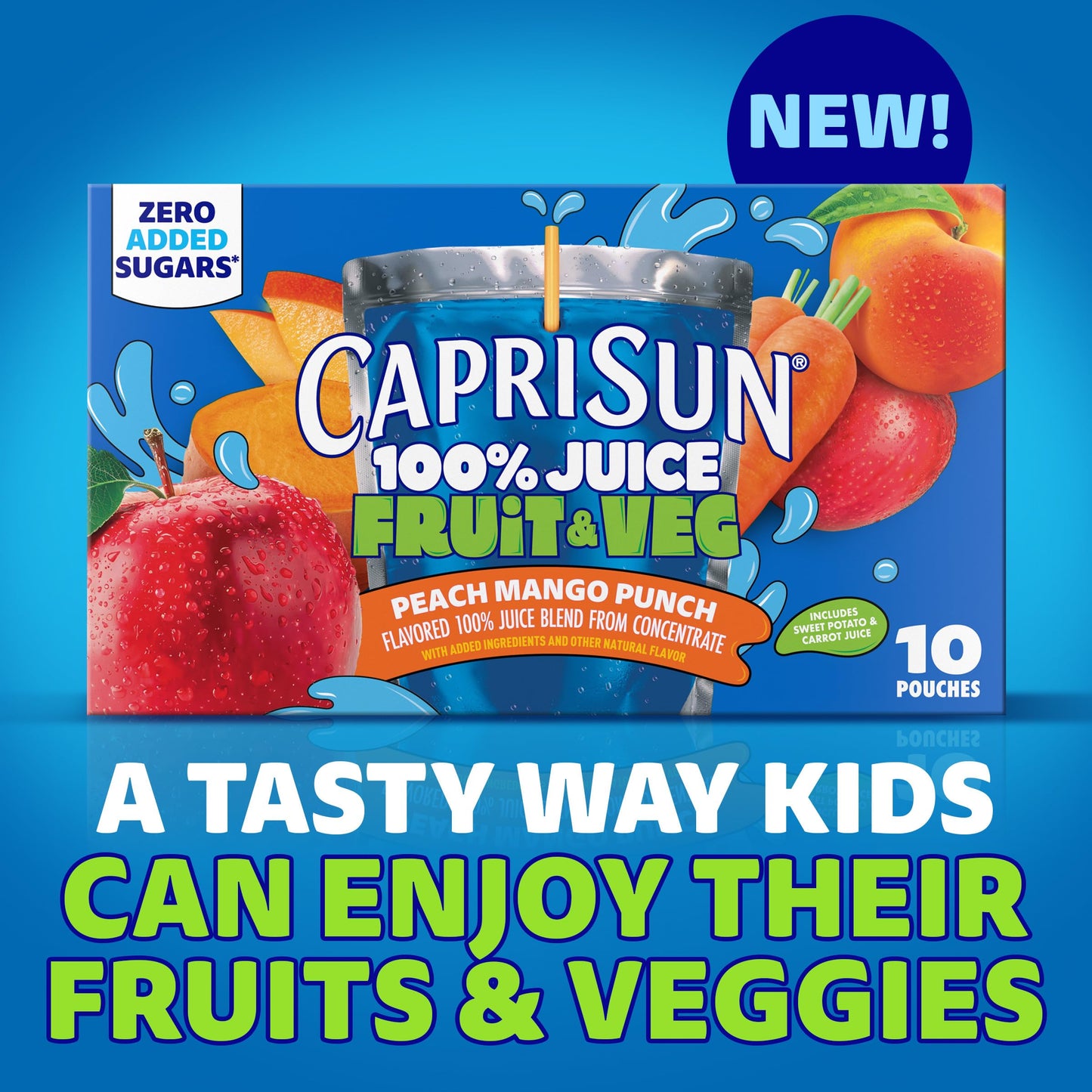Capri Sun 100% Juice Fruit & Veg Juice Blend from Concentrate, 10 Pouches, for School Lunches and On-the-Go Hydration, Peach Mango Punch, All Natural