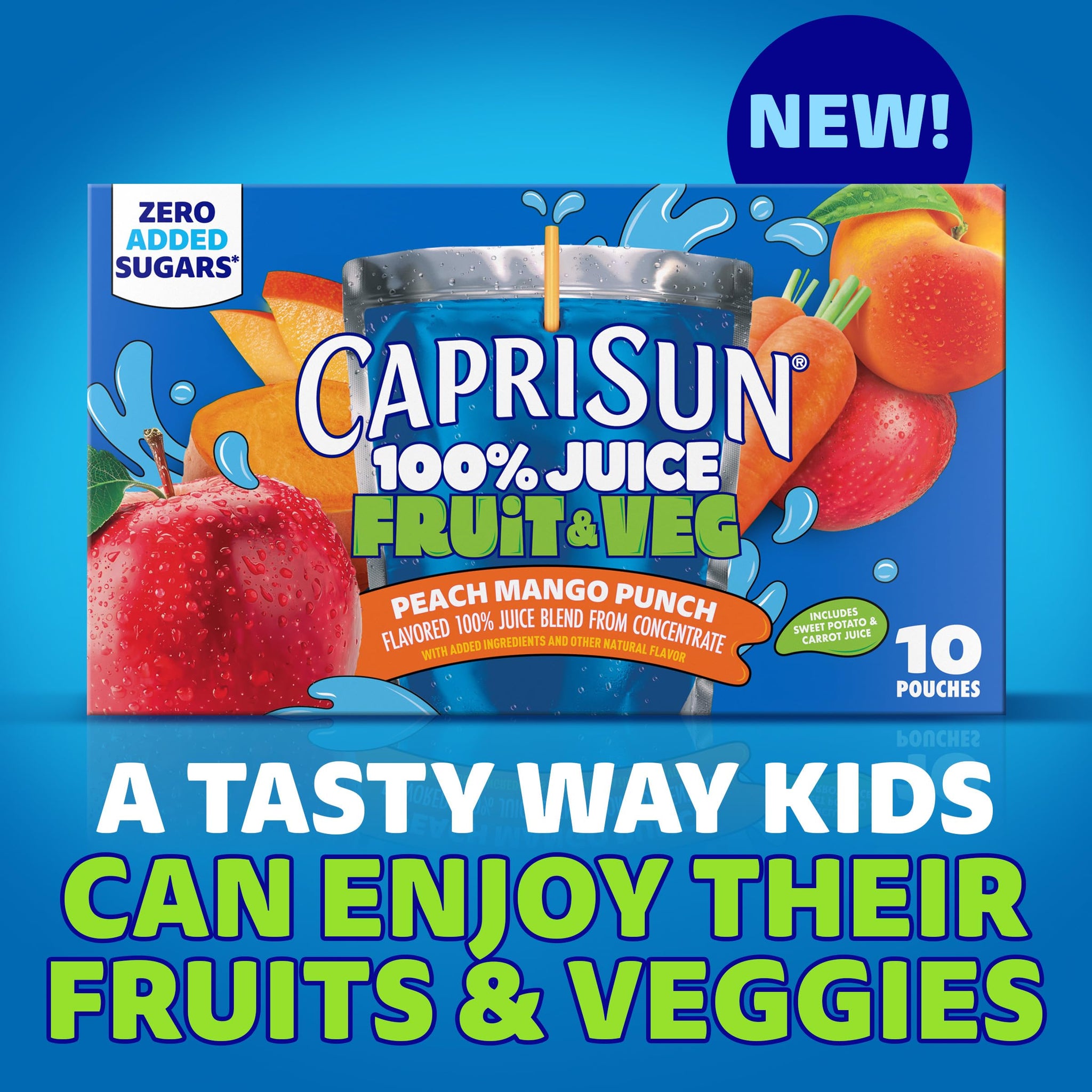Capri Sun 100% Juice Fruit & Veg Juice Blend from Concentrate, 10 Pouches, for School Lunches and On-the-Go Hydration, Peach Mango Punch, All Natural