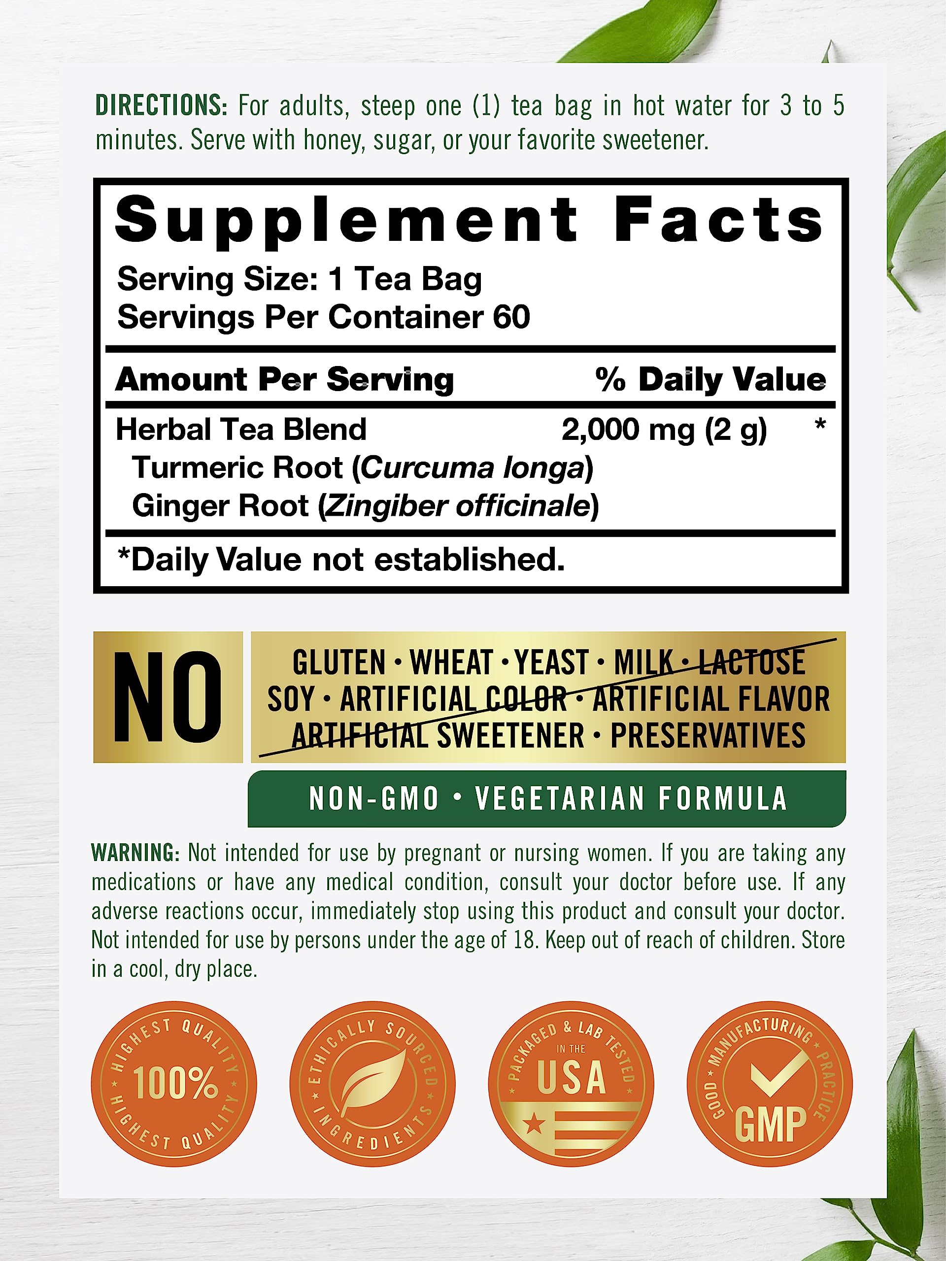 Carlyle Turmeric Ginger Tea Bags | 60 Count | Caffeine Free Herbal Blend | Non-GMO & Gluten Free Supplement
