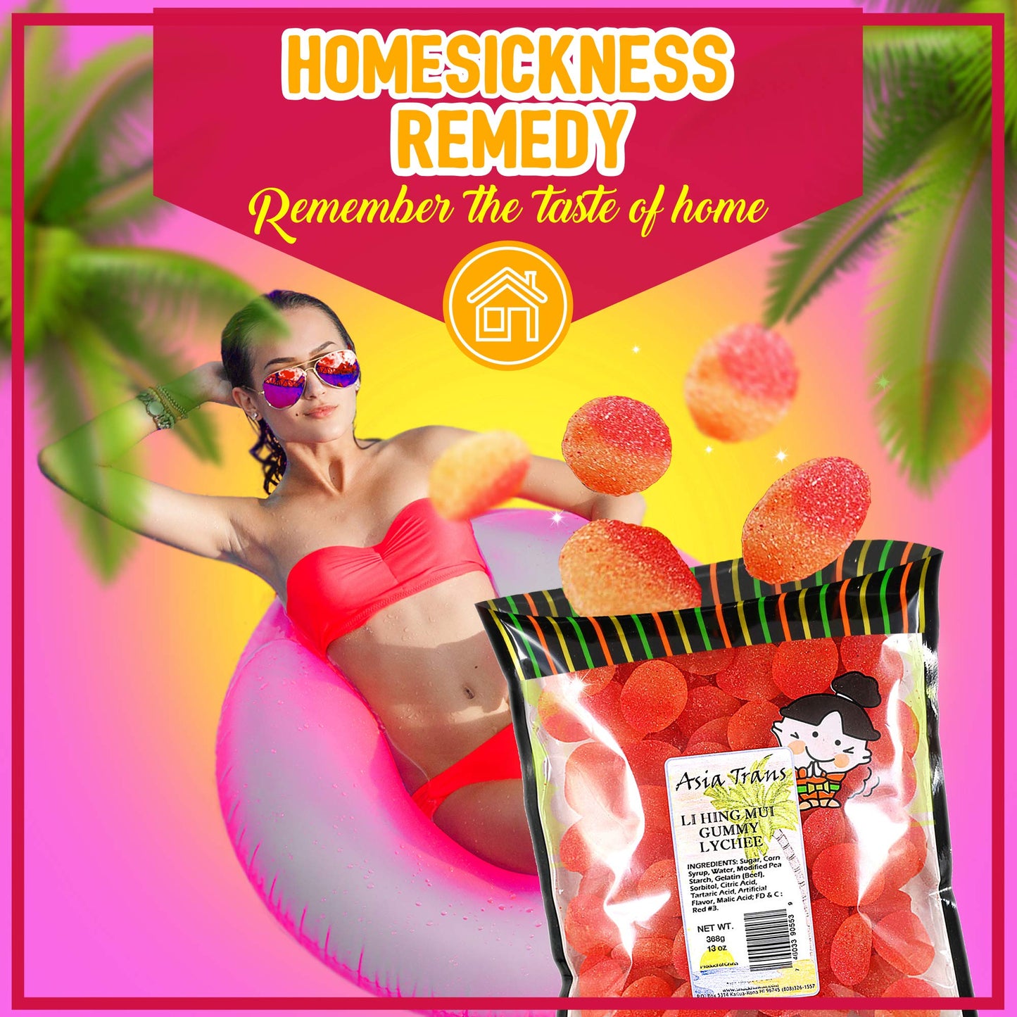 Asia Trans Lychee Gummies with Li Hing Mui Plum Powder | Hawaiian Favorite | Sweet & Sour Soft Gummy Candy