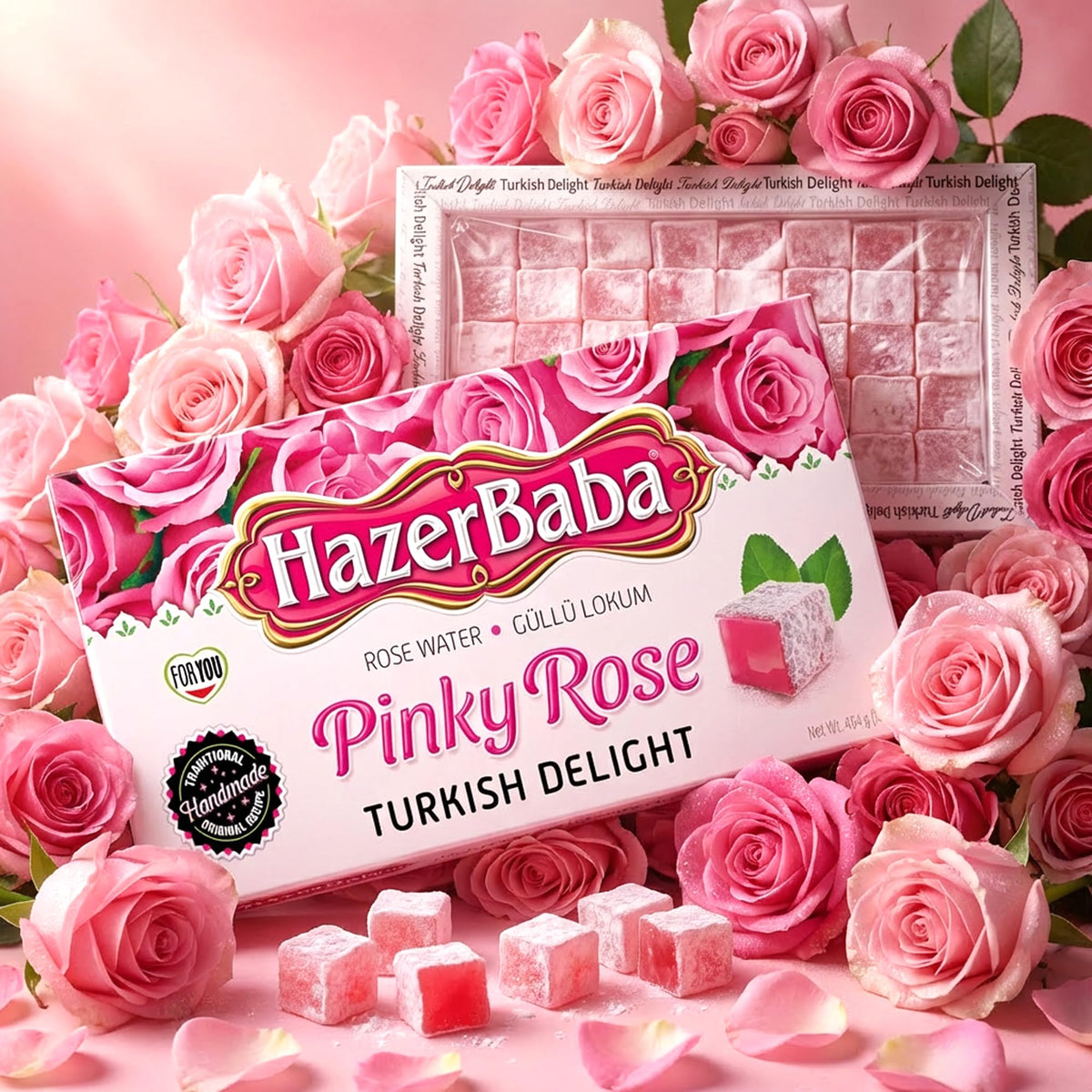 HazerBaba Turkish Delight Rose Candy, 16oz (Pack of 1), Vegan Snack Box
