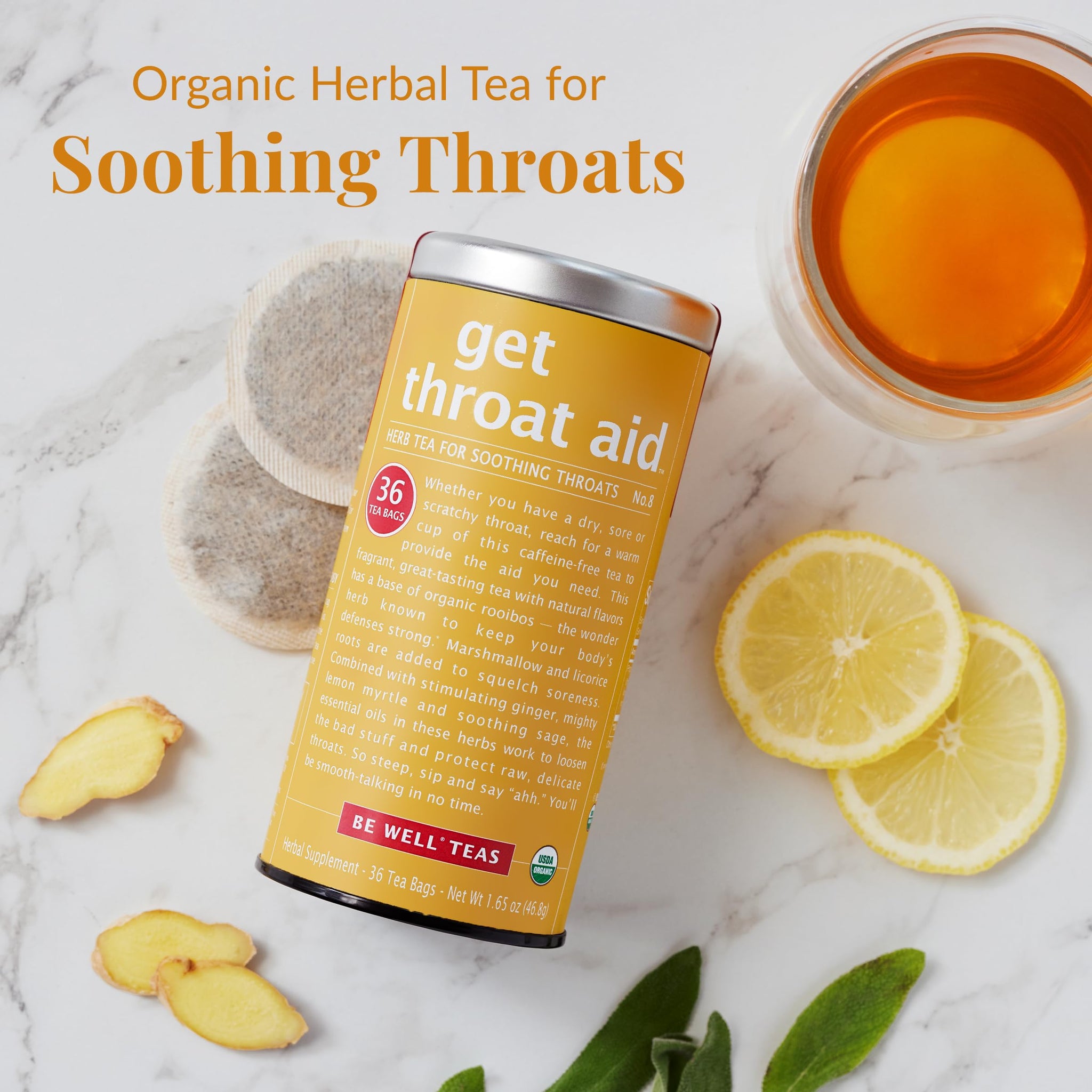 The Republic of Tea - Organic Get Throat Aid Herb Tea Tin, 36 Tea Bags, Naturally Caffeine Free Be Well Tea