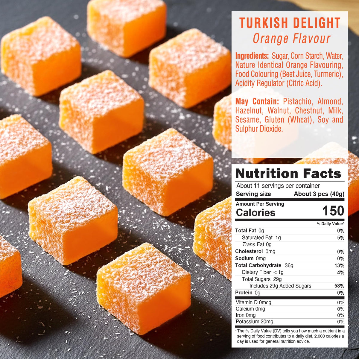 HazerBaba Turkish Delight Candy Orange, 16 Oz (Pack of 1), Vegan Snack Box