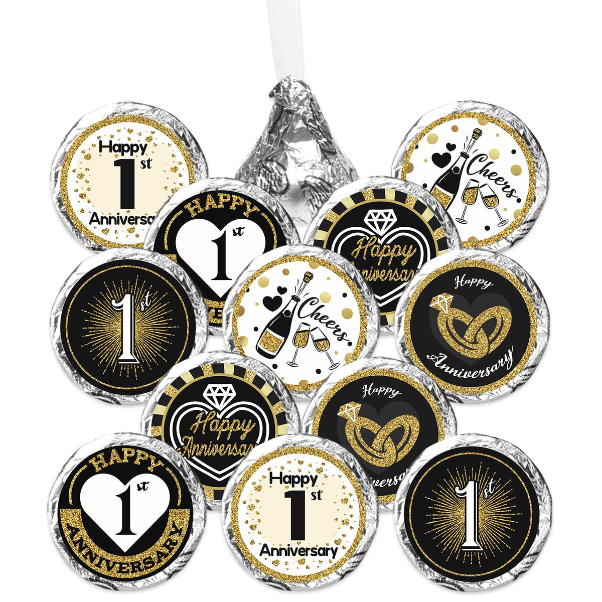 Black and Gold 1st Anniversary Kisses Stickers, 180 Count 0.75" Round Candy Labels, Chocolate Favor Stickers for 1st Wedding Anniversary Party