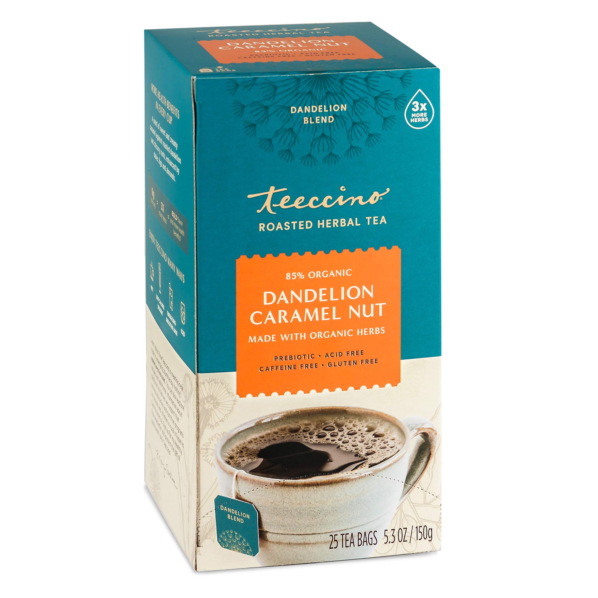 Teeccino Dandelion Caramel Nut Tea, 25 Tea Bags - Caffeine Free, Roasted Herbal Tea with Prebiotics, 3x More Herbs than Regular Tea Bags, Gluten Free
