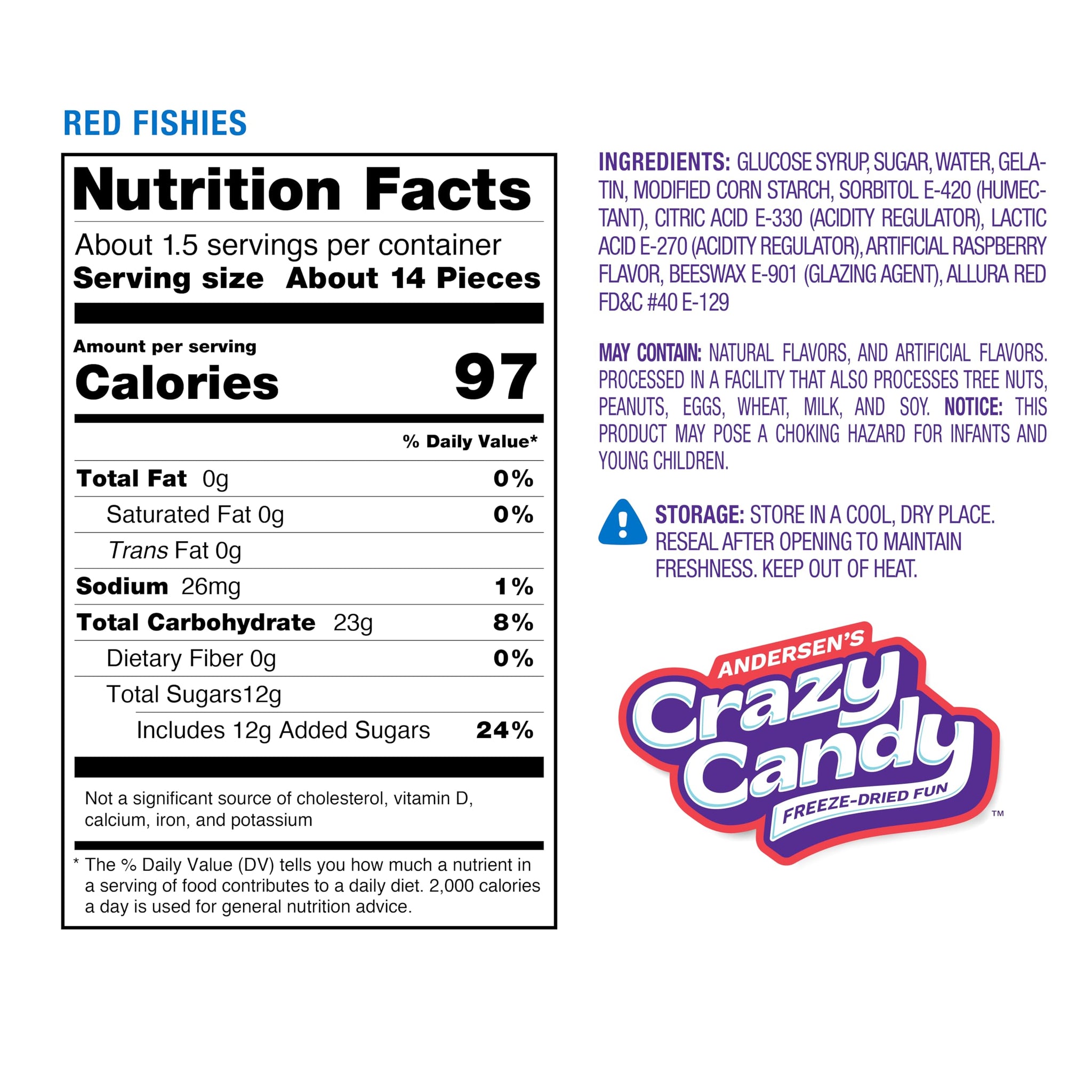 Freeze Dried Swedish Fish-Style Candy, Crazy Candy Red Fishies - Cherry Flavor Crunchy, Light, Airy Texture Fish Shaped Treats, Resealable Bag
