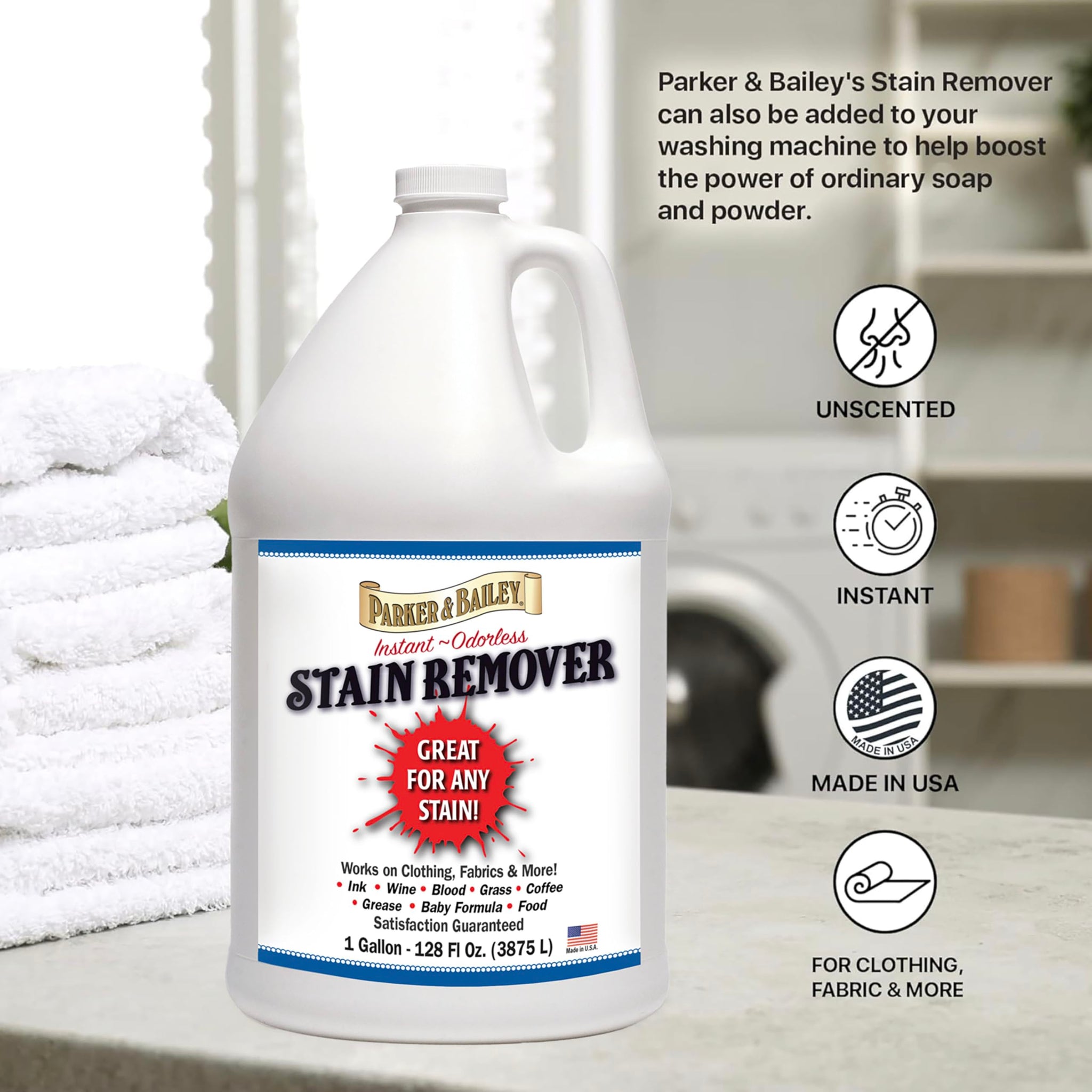 Parker & Bailey Liquid Stain Remover - Instant Stain Removal on Laundry Clothing Fabric Ink Grease Blood Grass Coffee Wine Food Carpet Upholstery Spot