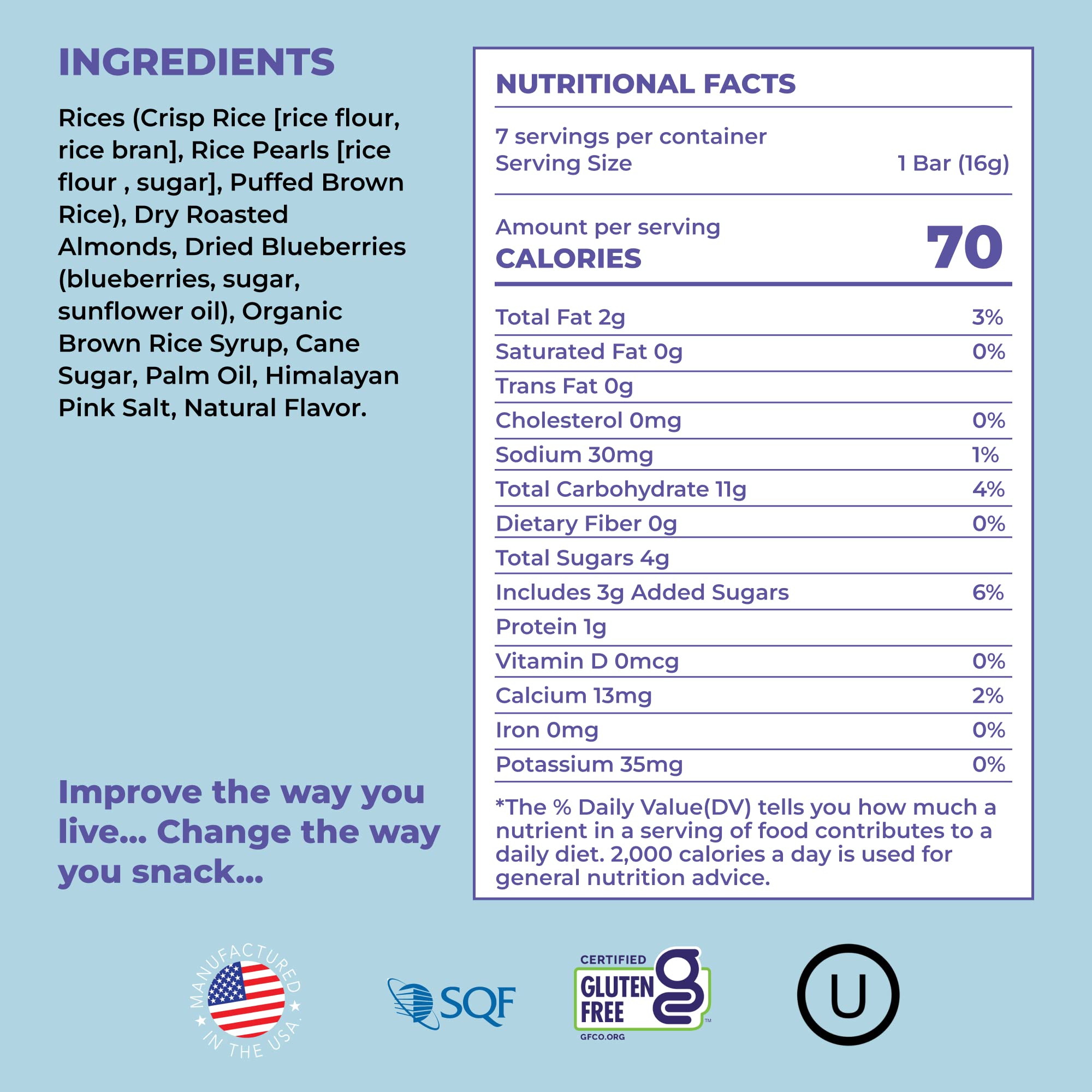 180 Snacks Pre-Meal Snack Skinny Rice Bar with Himalayan Salt 1 Pack, 3.22oz (Blueberry & Almond)