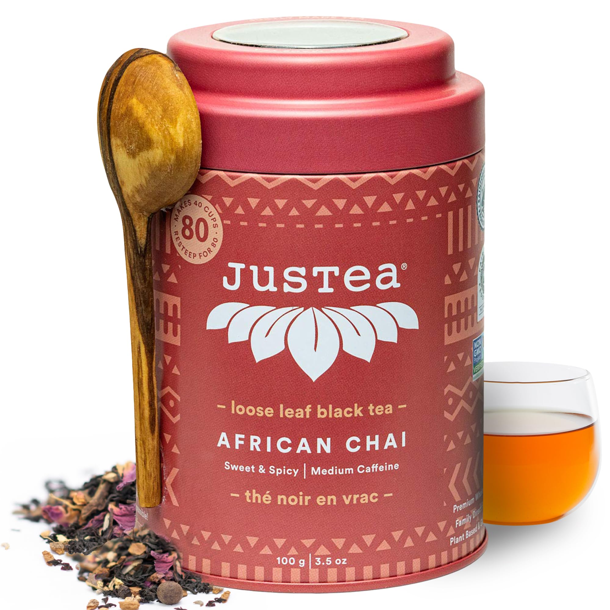 JusTea AFRICAN CHAI | Loose Leaf Black Tea | Tin with Hand Carved Tea Spoon | 40+ Cups (3.5oz) | Medium Caffeine | Award-Winning | Fair Trade |