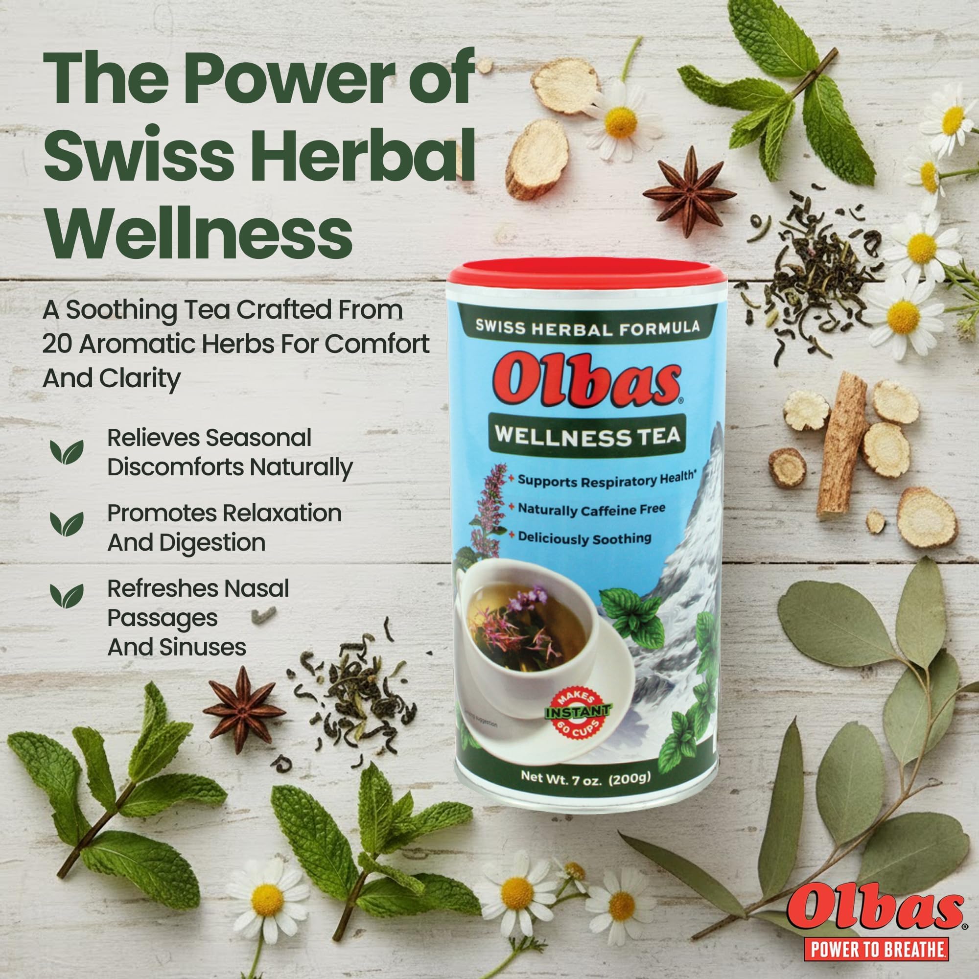 Olbas Herbal Tea 7 Ounce, Swiss Herbal Blend with 20 Soothing Herbs & Essential Oils, Sore Throat and Stress Relief Tea, Warming Comfort, Calms