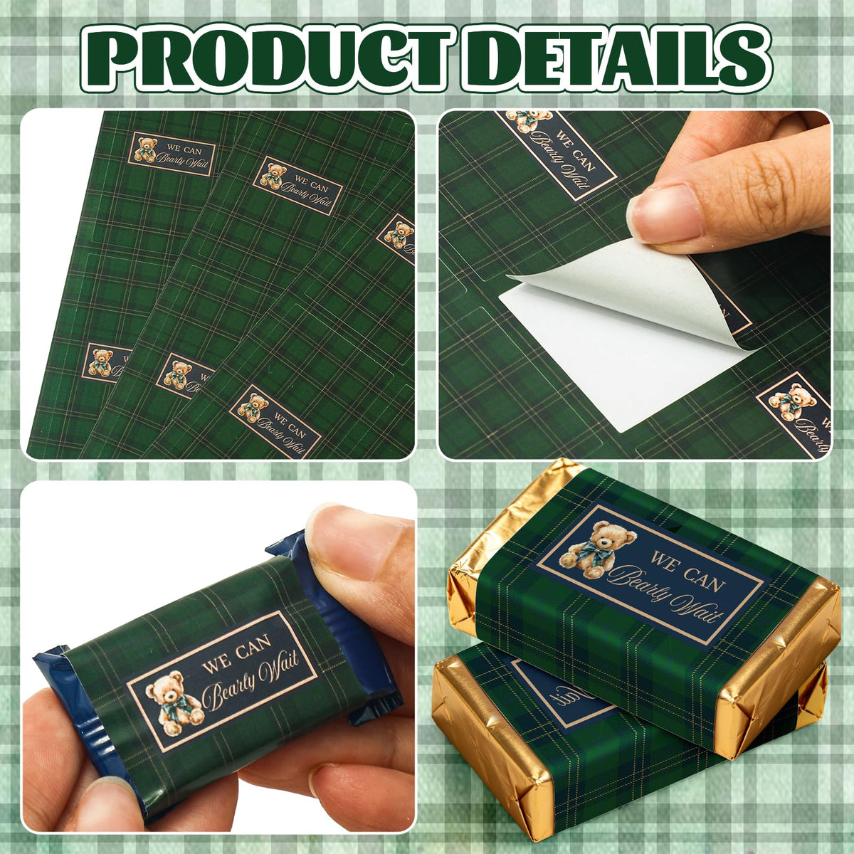 JarThenaAMCS 102Pcs Tartan Bear Candy Wrappers Baby Shower Chocolate Bar Wrappers We Can Bearly Wait Label Stickers for Gender Reveal Party Favors DIY