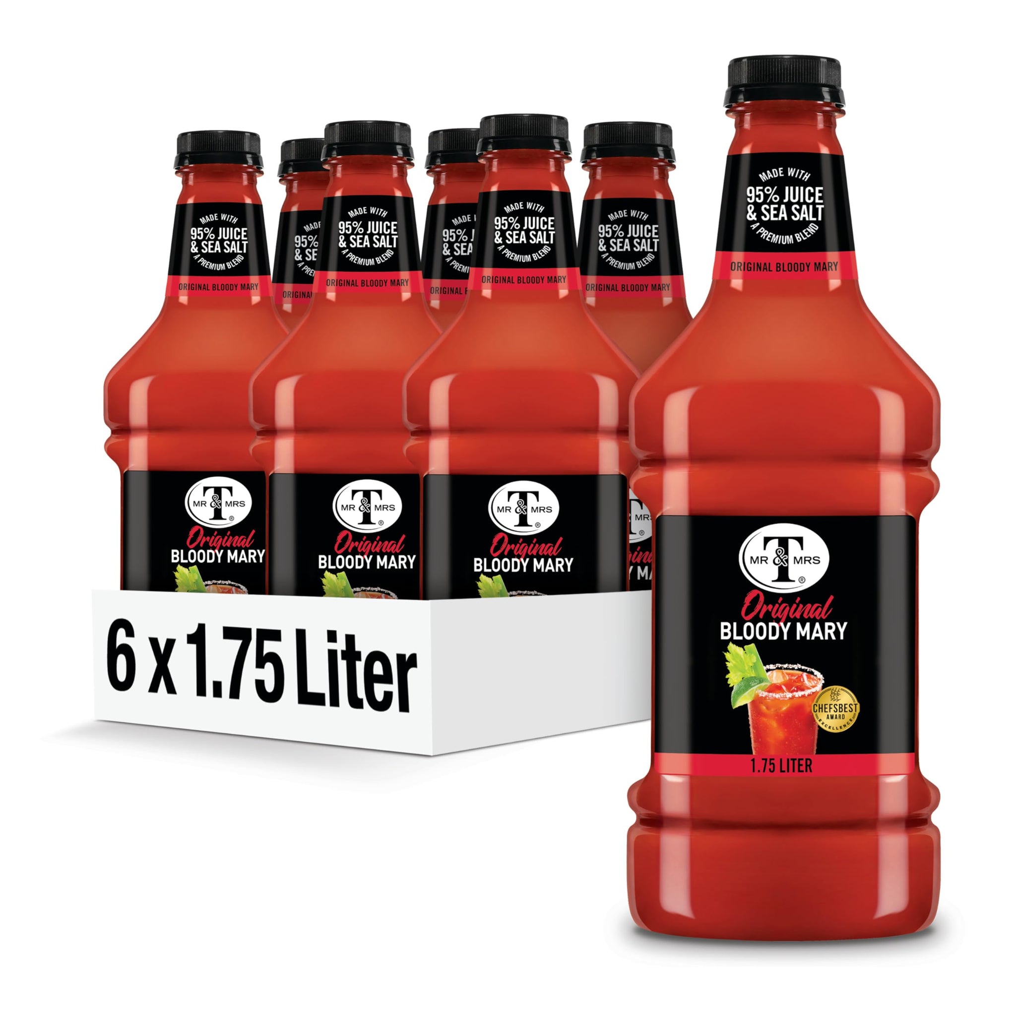 Mr & Mrs T Original Bloody Mary Mix, 1.75 L bottle (Pack of 6), Tomato Juice Blend Cocktail Mixer, Premium Ingredients, Perfect for Bloody Mary