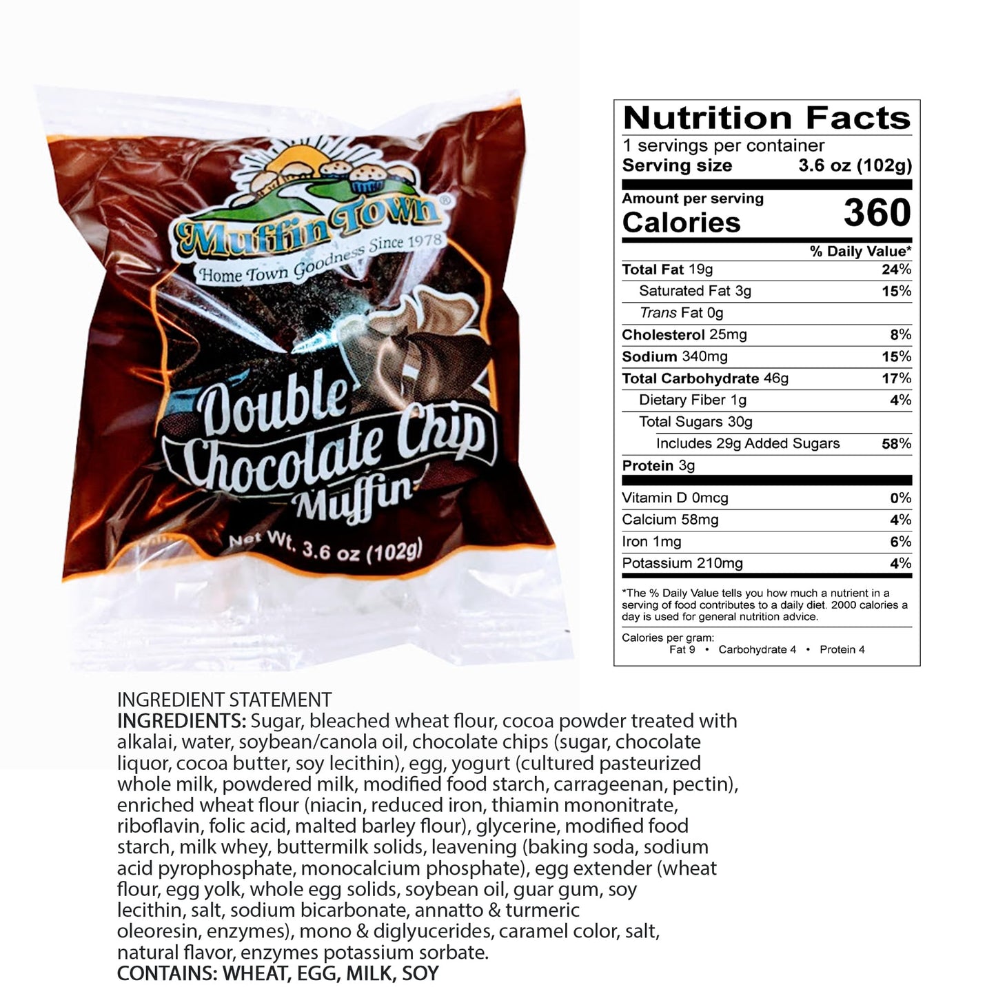 Muffin Town Double Chocolate Chip Muffins - 12 Individually Wrapped | 3.6 oz | Real Cocoa + Chocolate Chips | Freeze & Thaw Soft in 5 Min | Nut-Free