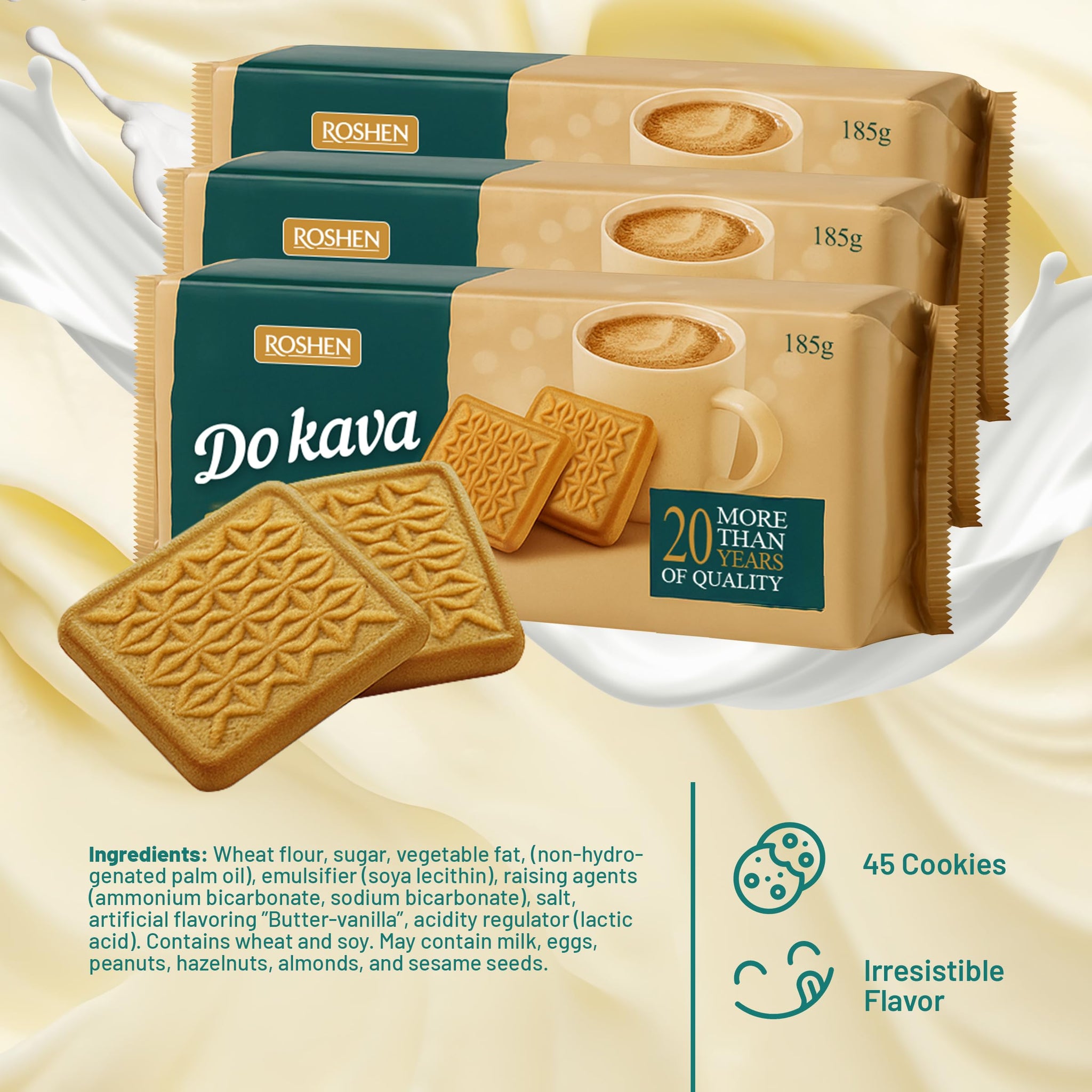 Roshen “For Coffee” Sugar Biscuits with Butter-Vanilla Flavor, 6.53 oz/185 grams, Pack of 3