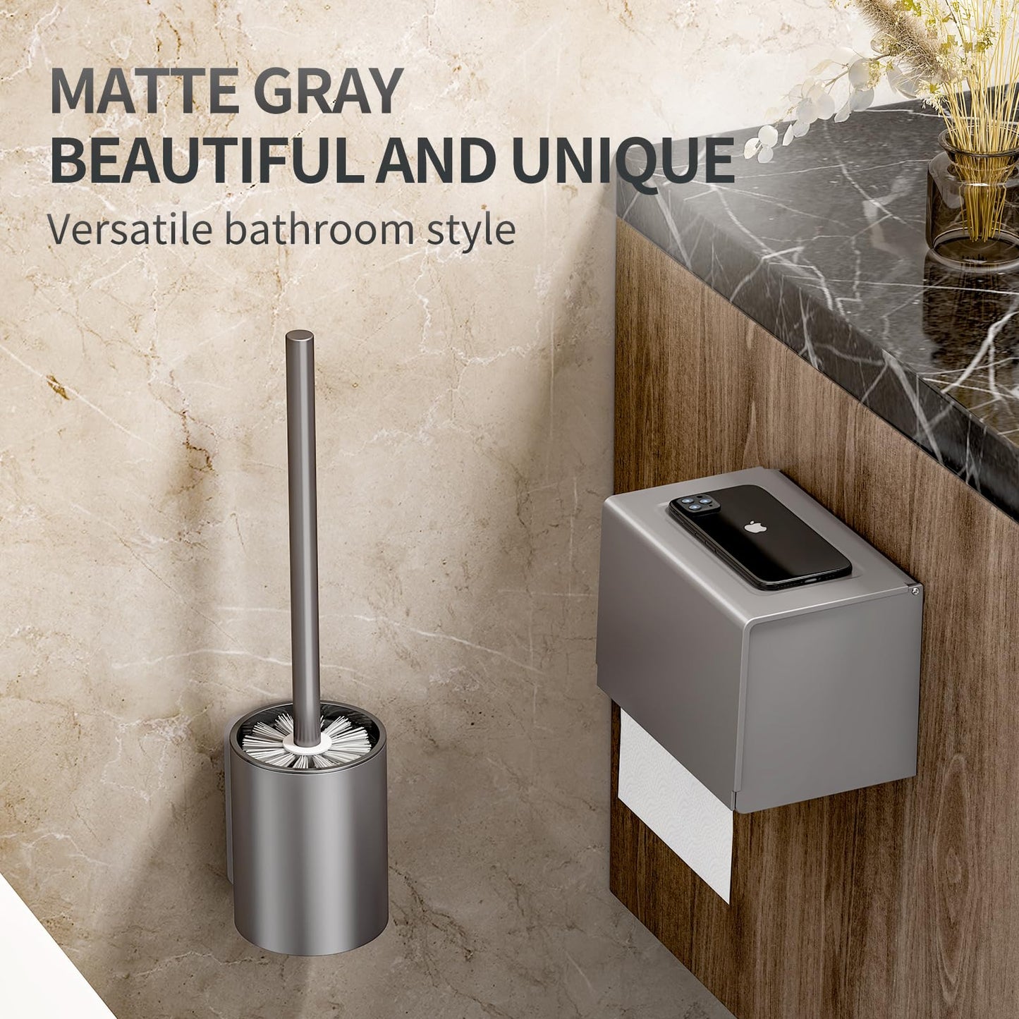 Meiyan Meili Gunmetal Gray Toilet Brush and Holder, Space Aluminum, Deep Cleaning, Rust-Free, Bathroom Cleaning Brush Set
