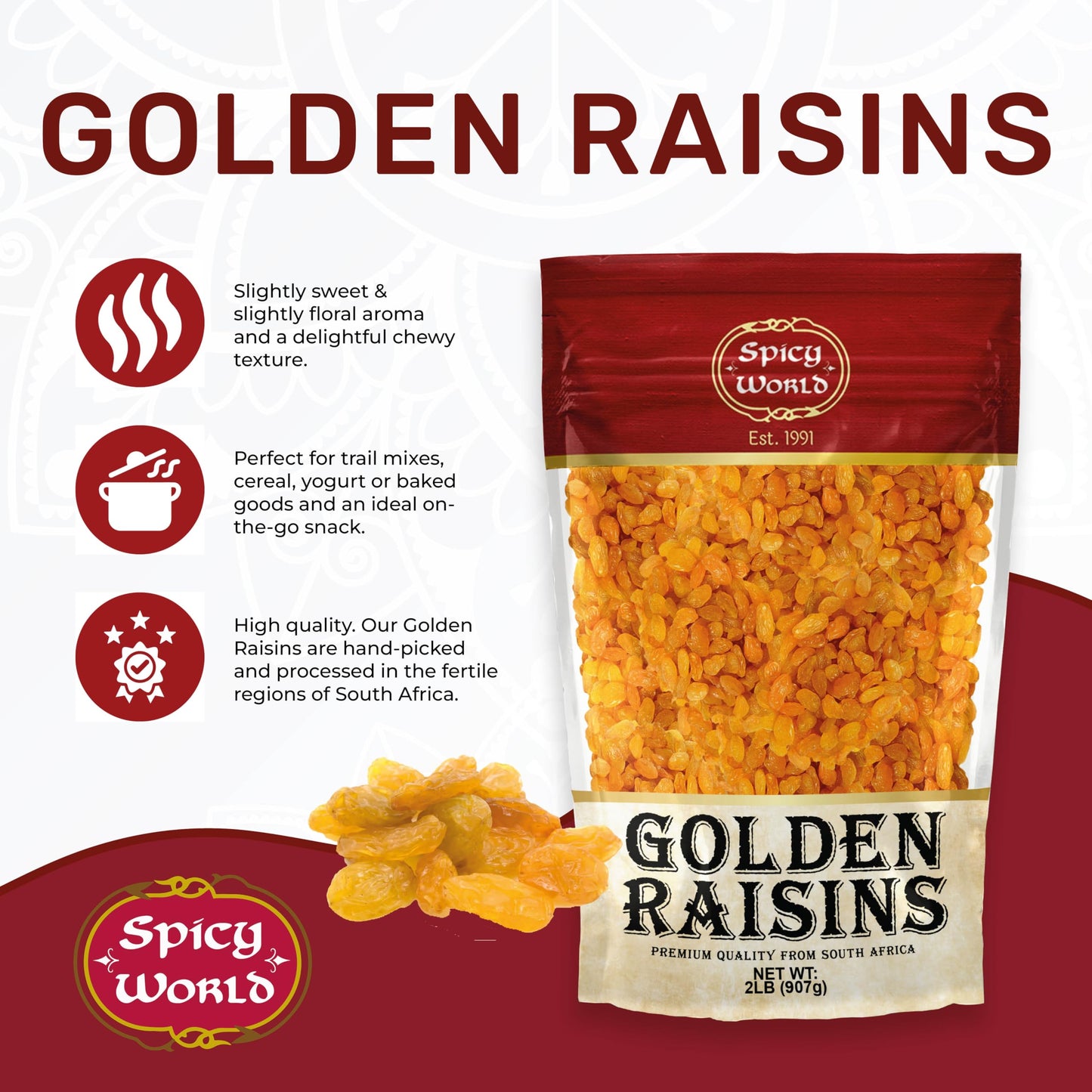 Spicy World Golden Raisins 2 LB Bulk Bag - Sweet & Seedless Sultanas from South Africa | | Perfectly Dried for Natural Sweetness | Ideal Dried Fruit