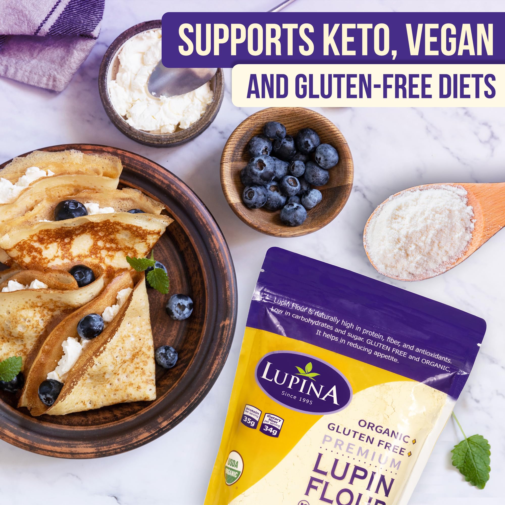 Lupina Organic Gluten-Free Lupin Flour - Pack 1-16 oz- High-Protein, High-Fiber, Low-Carb Plant-Based Flour - Non-GMO Vegan Superfood for Baking