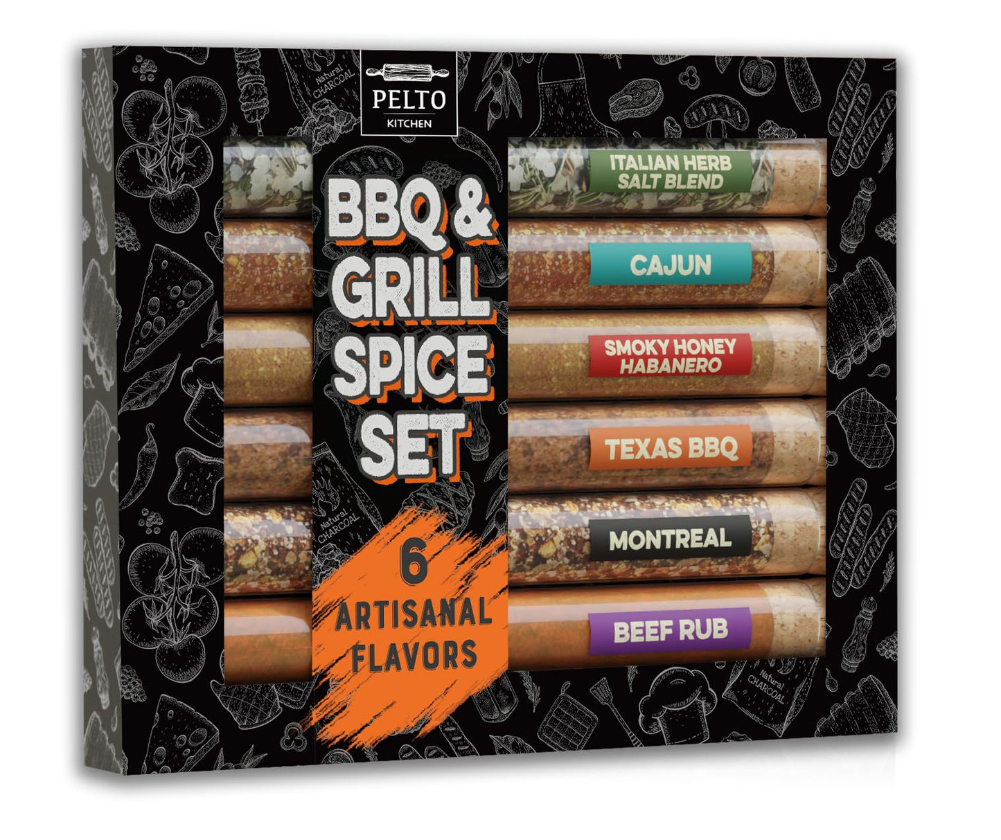 BBQ & Grill Spice Set - 6 Spice Blend Flavors in Tubes in a Gift Box, For Smoking, Seasosonig, Griling, Christmas Stocking Stuffers for Men Who Cook