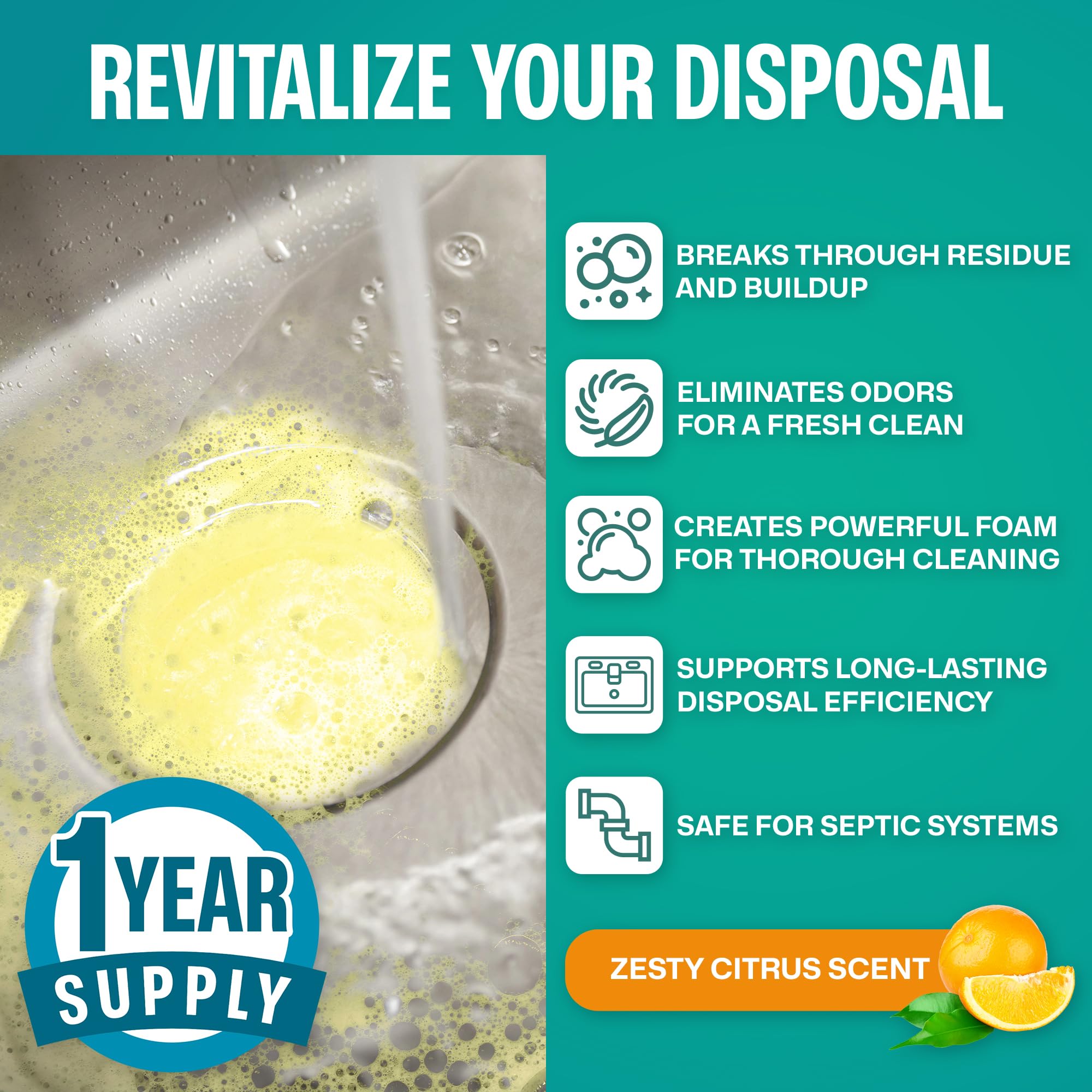 Sudstainables Garbage Disposal Cleaner Tablets 24-Pack - Sink Cleaner and Deodorizer, Disposal Cleaner and Deodorizer, Garbage Disposal Cleaner