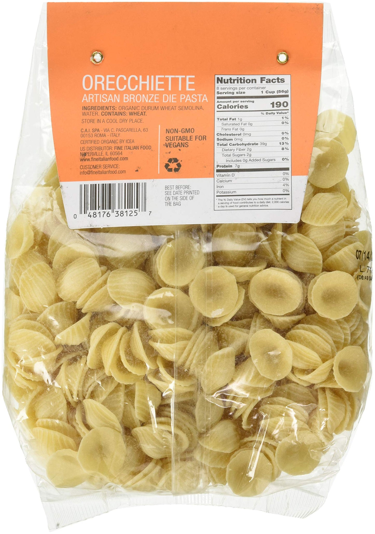 Compagnia Sanremo Pasta Italian Organic Orecchiette Pasta - 100% Durum Wheat Semolina Orecchiette - 16 Oz (Pack Of 4) - Product Of Italy