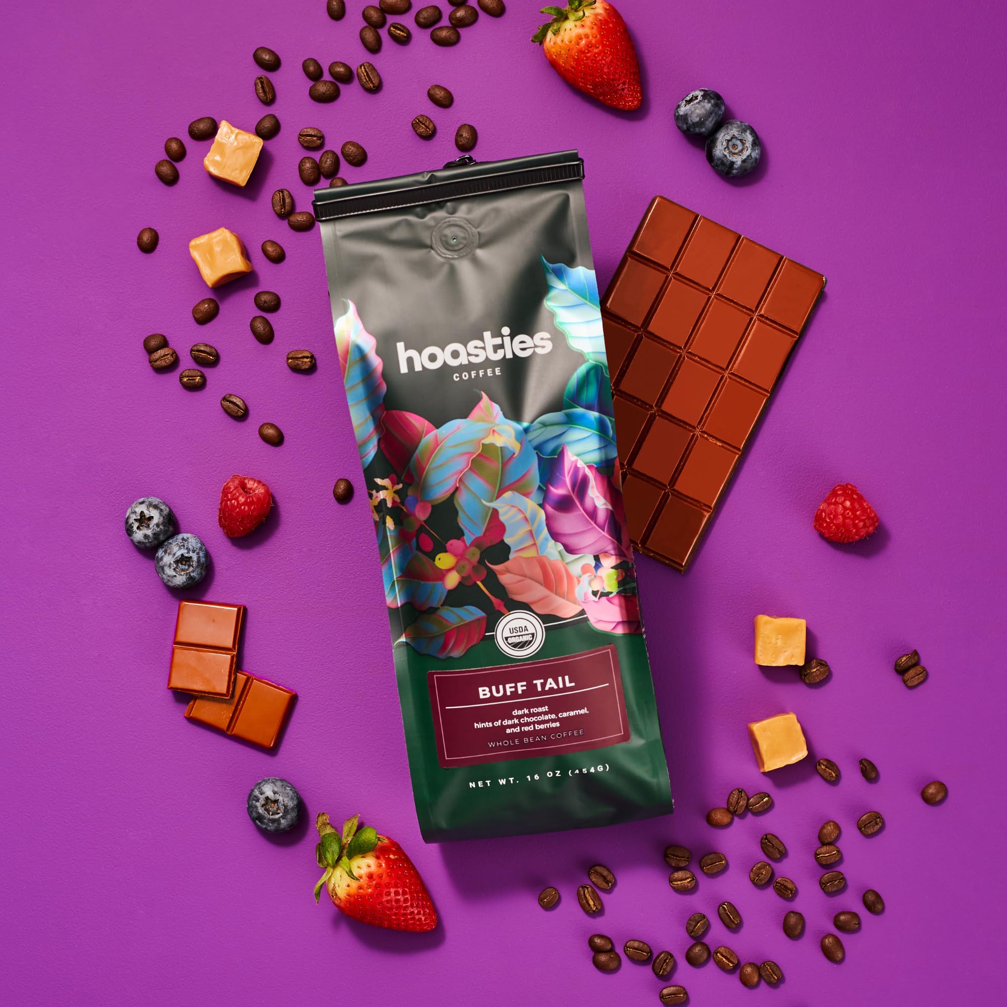 Hoasties Coffee Buff Tail - USDA Organic Dark Roast Whole Bean Coffee, 100% Colombian Arabica, Pesticide & Chemical-Free, 16 oz