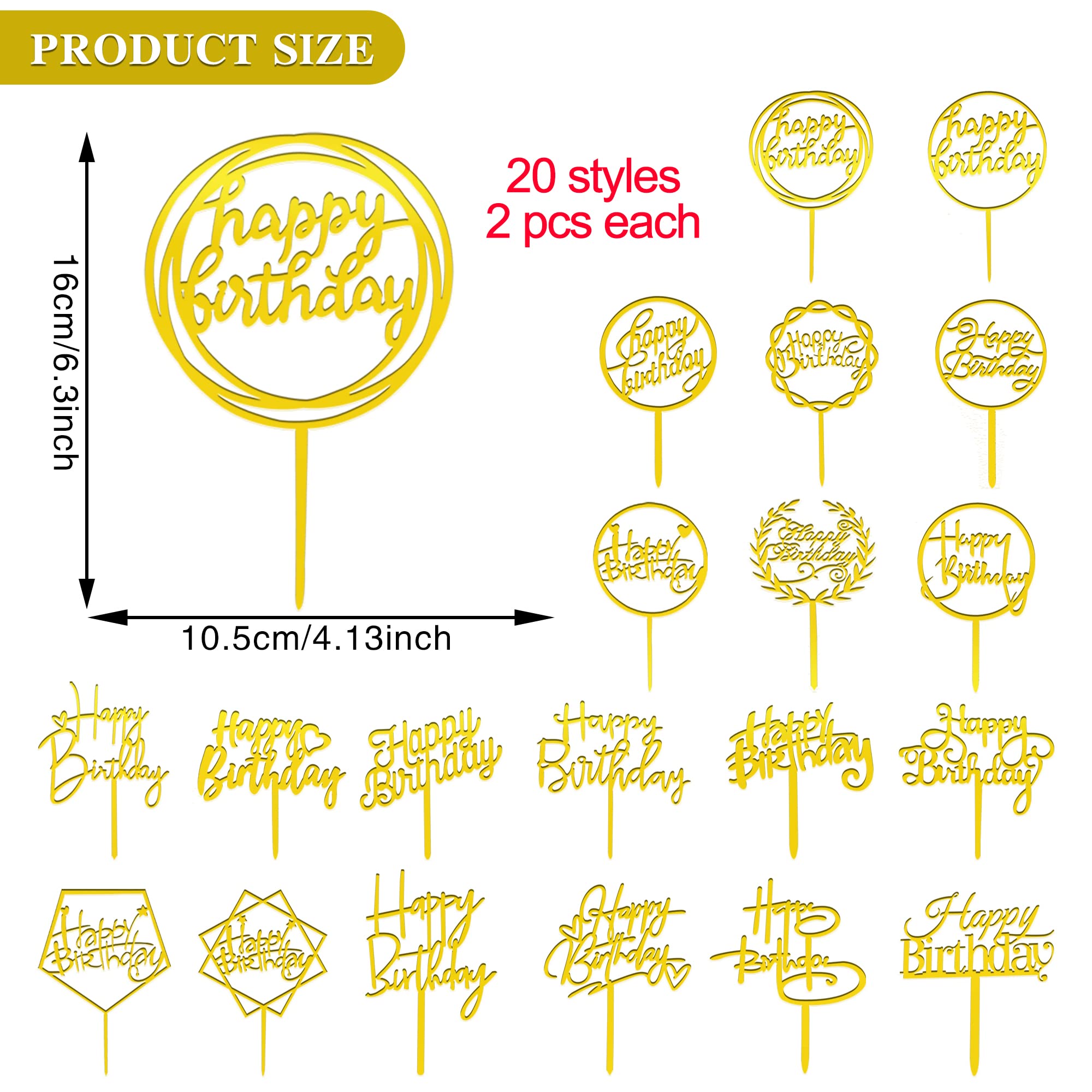 40 PCS Gold Happy Birthday Cake Topper Acrylic Cupcake Topper A Series of Birthday Cake Supplies Decorations 20 Styles