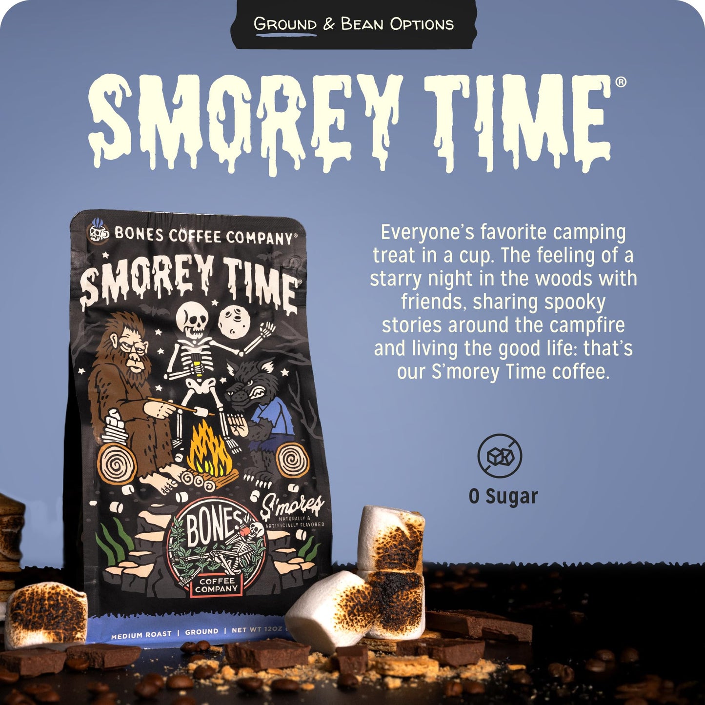 Bones Coffee Company S'morey Time, S'mores and Graham Crackers Flavored Coffee, Medium Roast Low Acid Arabica Beans Compatible with Auto drip