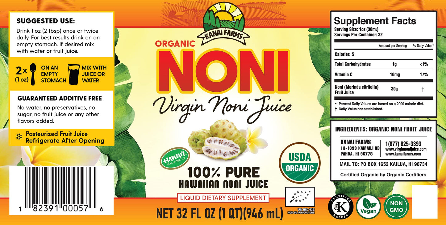 Virgin Noni Juice - 100% Pure Organic Hawaiian Noni Juice - 4 Pack of 32oz Glass Bottles