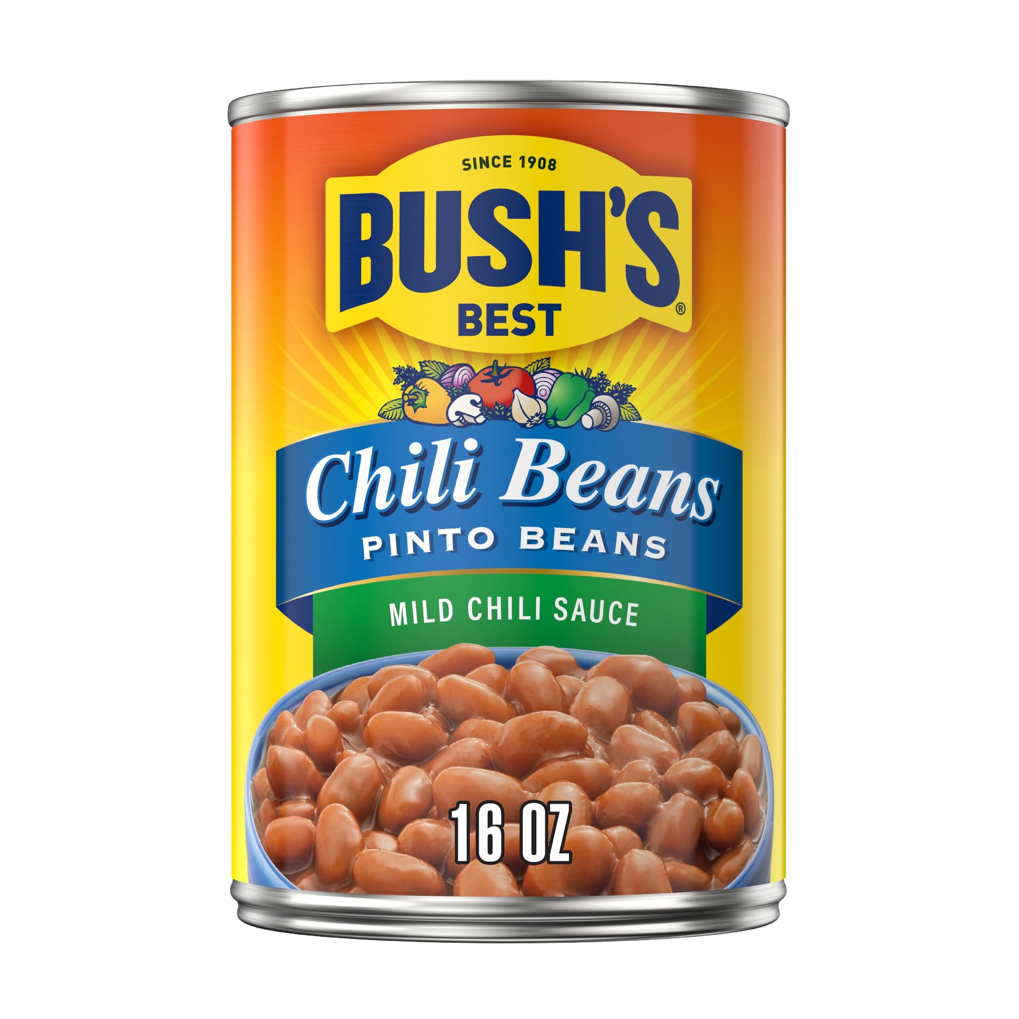 BUSH'S BEST Canned Chili Beans, Pinto Beans in a Mild Chili Sauce, Source of Plant Based Protein and Fiber, Low Fat, Gluten Free, 16 oz