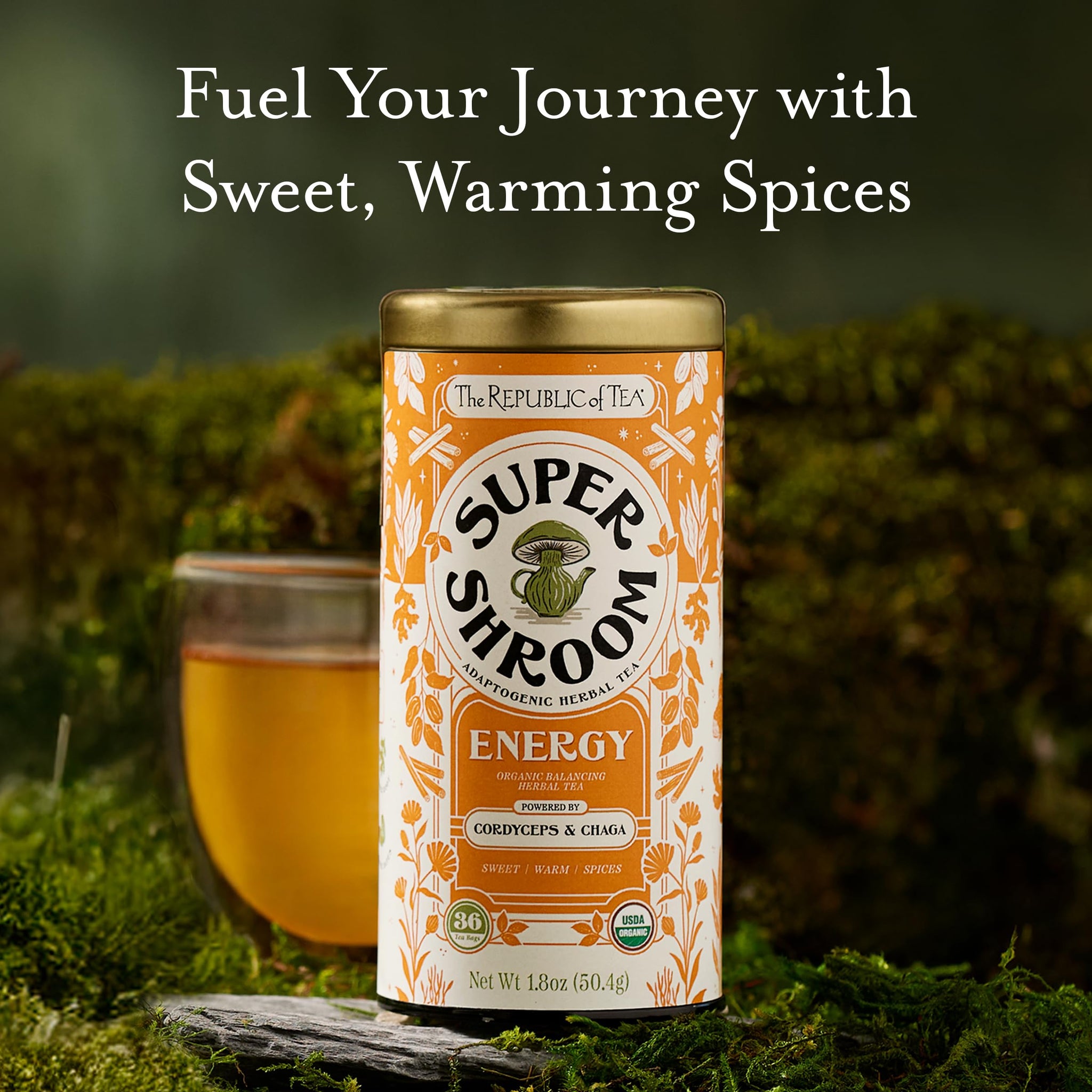 The Republic of Tea SuperShroom Energy Cordyceps and Chaga Herbal Tea, Organic Cinnamon, Ginger and Chicory Blend, Caffeine Free, Unbleached Tea Bags