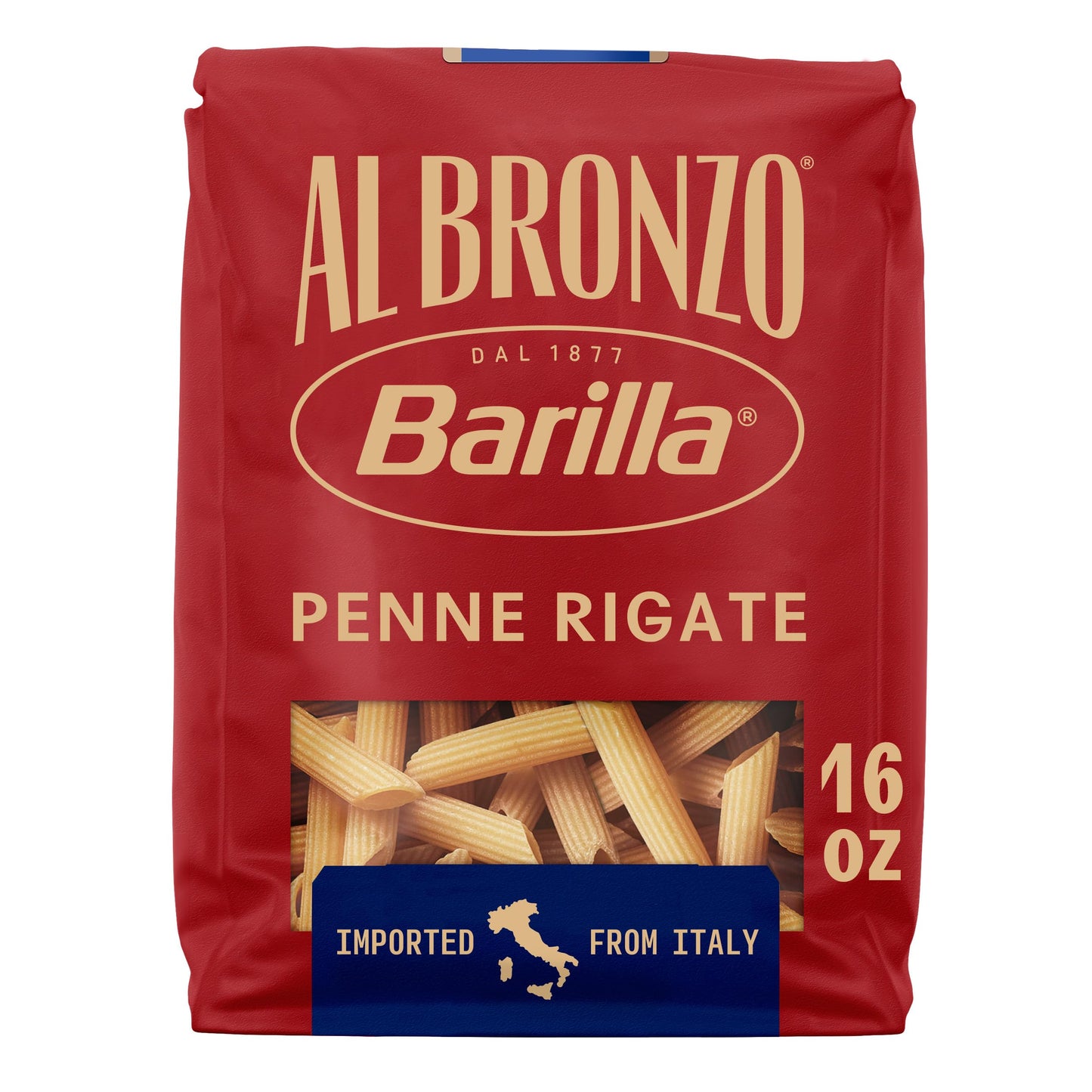 Barilla Al Bronzo Penne Rigate Pasta 16 oz., Bronze Cut, Created from High Quality Durum Wheat, Imported From Italy, Non-GMO, Kosher