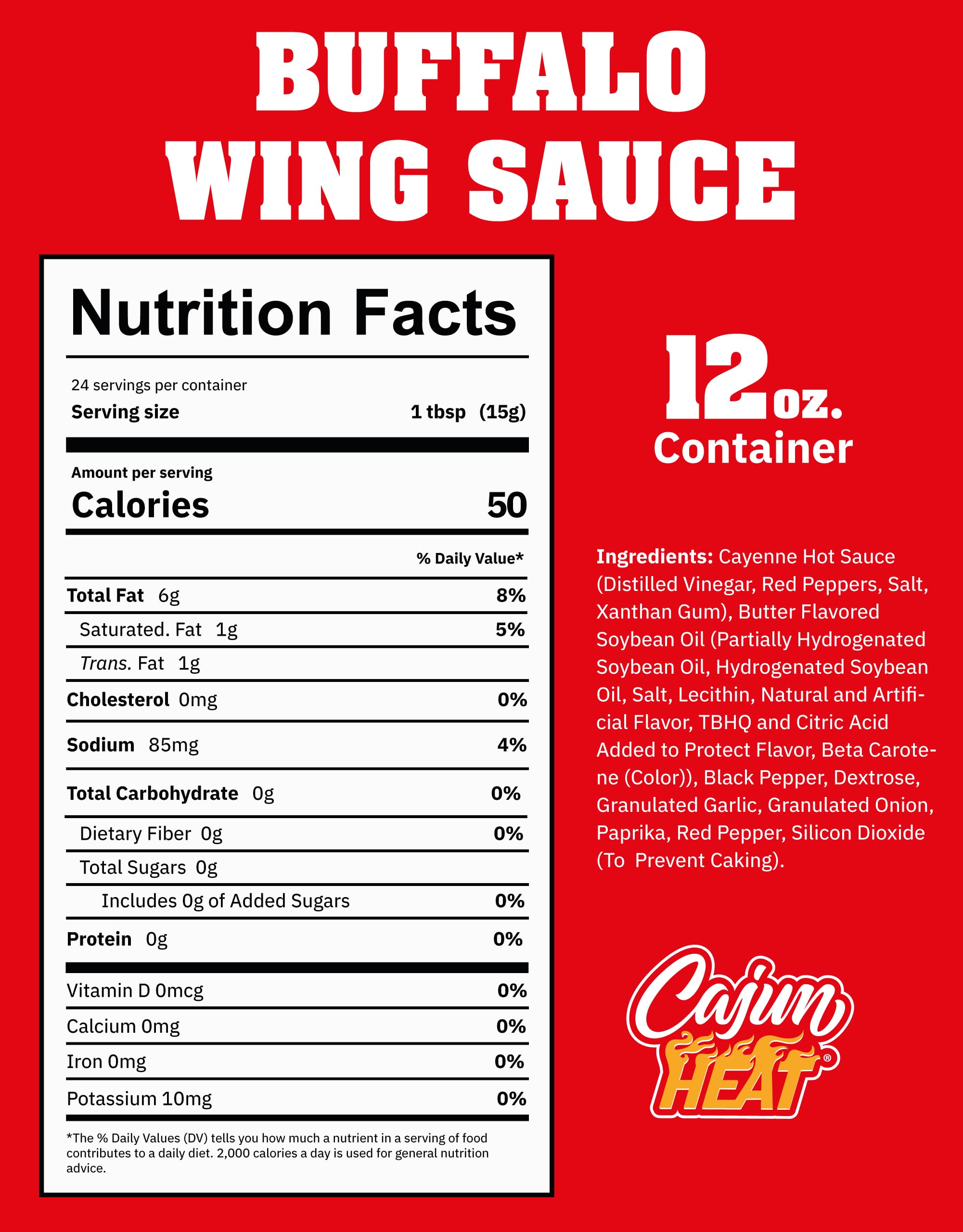 Cajun Nation CAJUN HEAT Buffalo Wing Sauce 12oz - Spicy Flavor for Buffalo Wings, Chicken Dip, and Wild Wings with No MSG - Authentic Louisiana Style