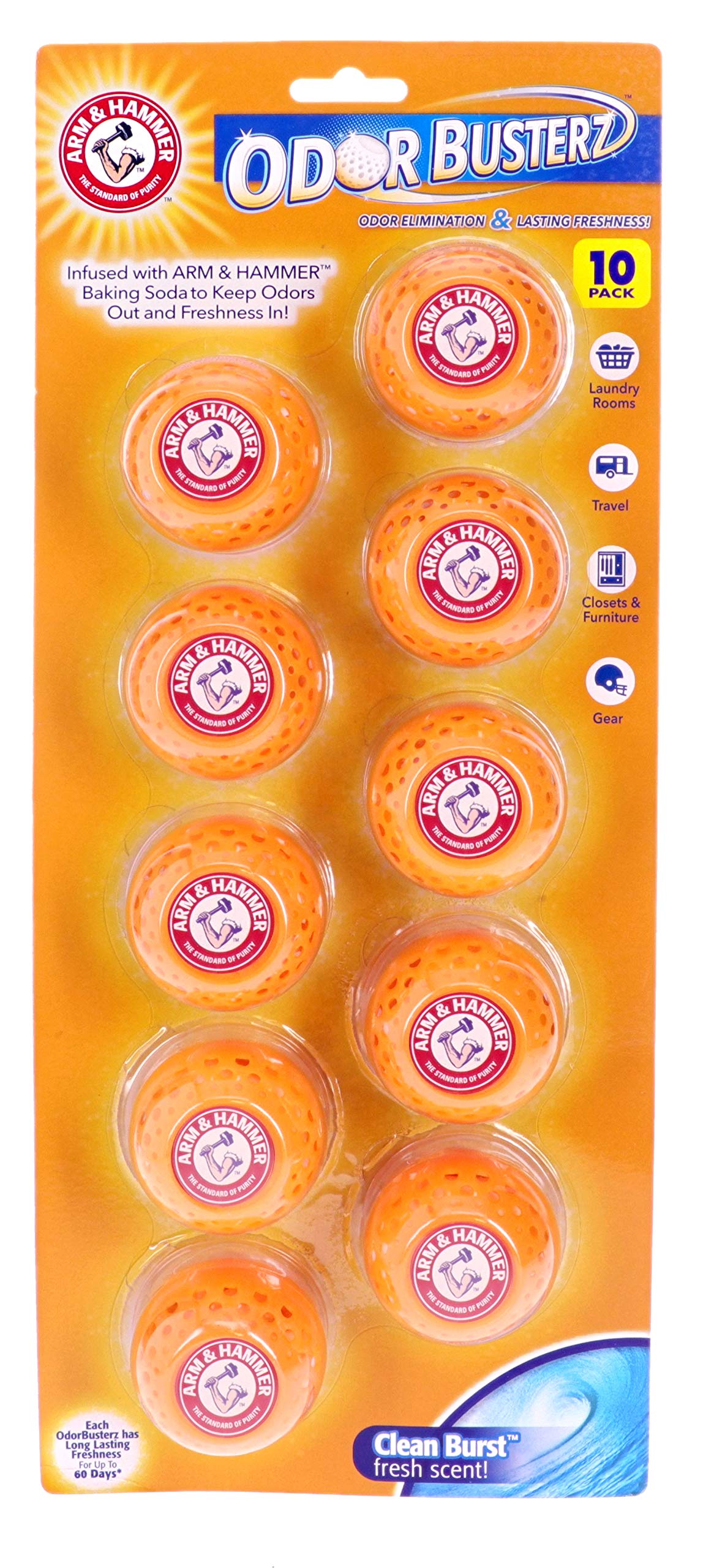 Arm & Hammer OdorBusterz® Odor Eliminator Balls, Clean Burst, 10 Count - Baking Soda Odor Control for Closets, Drawers, Hampers & Small Spaces