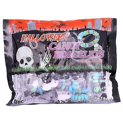 Greenbrier (1) Bag Halloween Candy Bracelets - Candy Beads with Skull Charms - 10 Individually Wrapped Pieces per Bag - Net Wt. 2.82 oz / 80 g