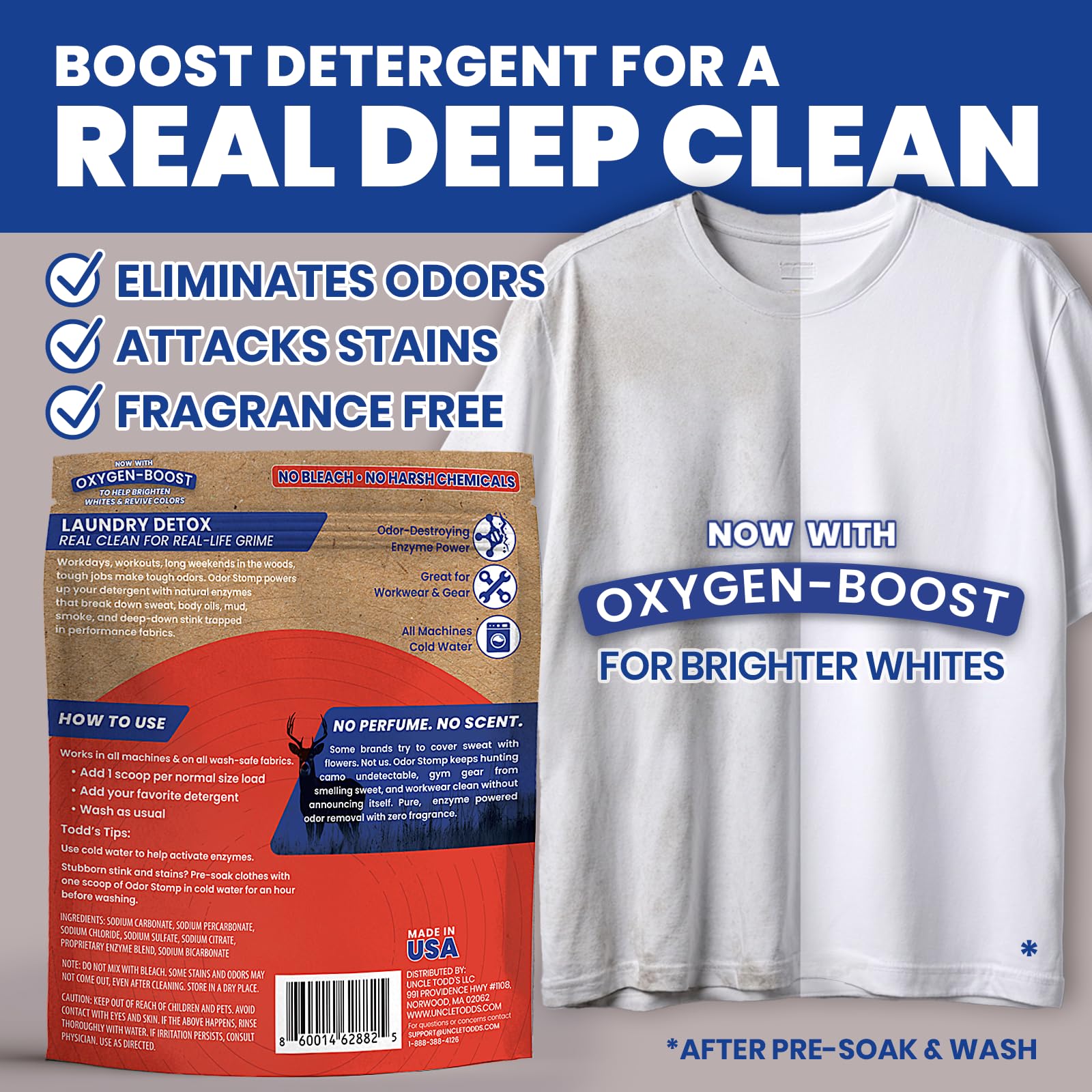 Uncle Todd’s Bio Enzyme Laundry Booster - 2 lb (64 Loads) Odor Stomp Laundry Sanitizer Additive - Clothes Stain Remover - Removes Sweat, Body Odor