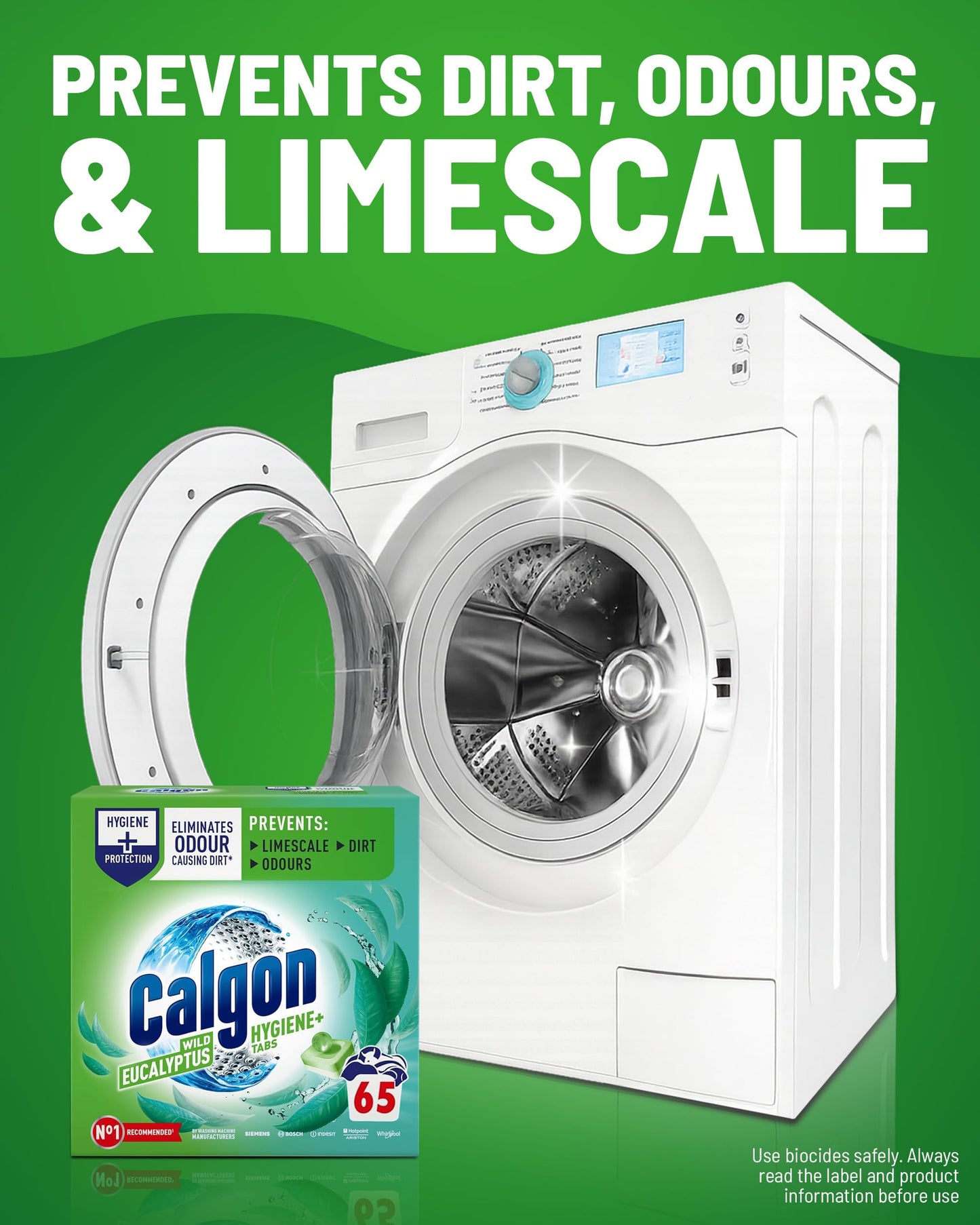 Calgon Hygiene Plus Washing Machine Cleaner & Limescale Remover, Water Softener Tablets, Unscented, 65 Tablets, Pack of 1