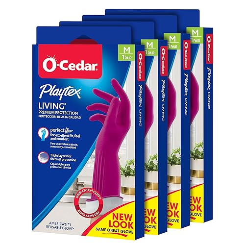 O-Cedar Playtex Gloves Living Reuseable Rubber Cleaning Gloves, Premium Protection, Size - Medium (1 Pair) - 4 Pack