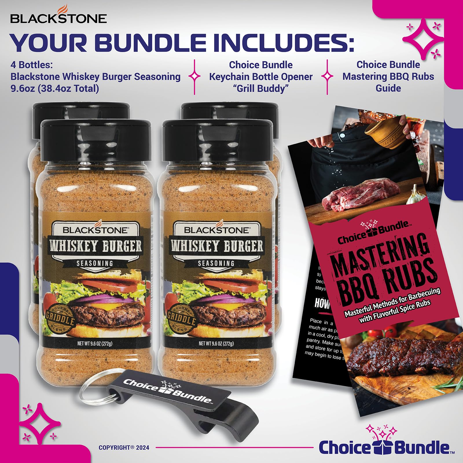 Blackstone Whiskey Burger Seasoning - Gourmet Griddle Premium Barbecue Rub 4 Pk (38.4 oz) + BBQ Masters & Opener (6 Items)!