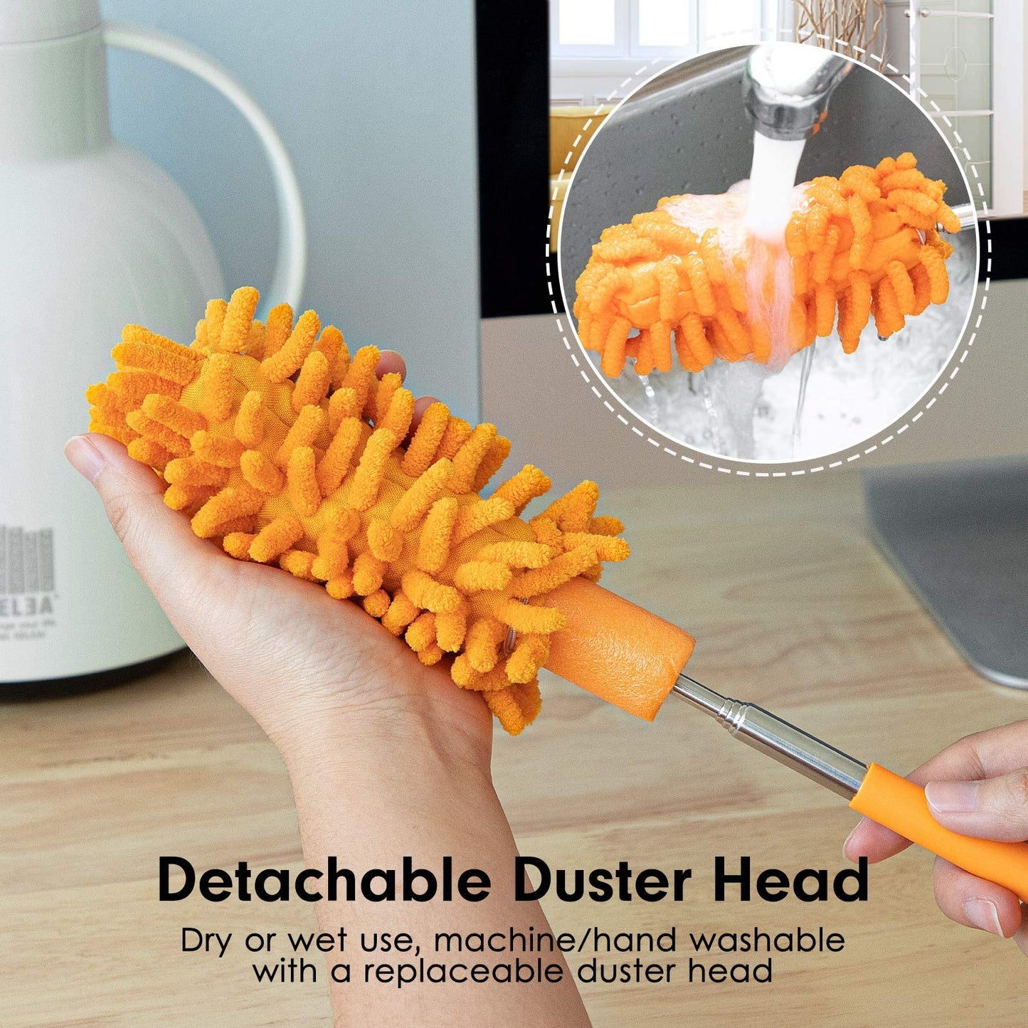 Microfiber Duster for Cleaning, Tukuos Hand Washable Dusters with 2pcs Replaceable Microfiber Head, Extendable Pole, Detachable Cleaning Supplies