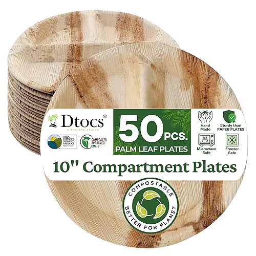 Dtocs 3 Compartment Plates (50 Pc) Palm Leaf 10 Inch Round Portion Control Buffet Sectional Plate | Bamboo Plates Disposable Like Compostable Camping