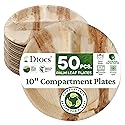Dtocs 3 Compartment Plates (50 Pc) Palm Leaf 10 Inch Round Portion Control Buffet Sectional Plate | Bamboo Plates Disposable Like Compostable Camping