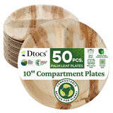 Dtocs 3 Compartment Plates (50 Pc) Palm Leaf 10 Inch Round Portion Control Buffet Sectional Plate | Bamboo Plates Disposable Like Compostable Camping